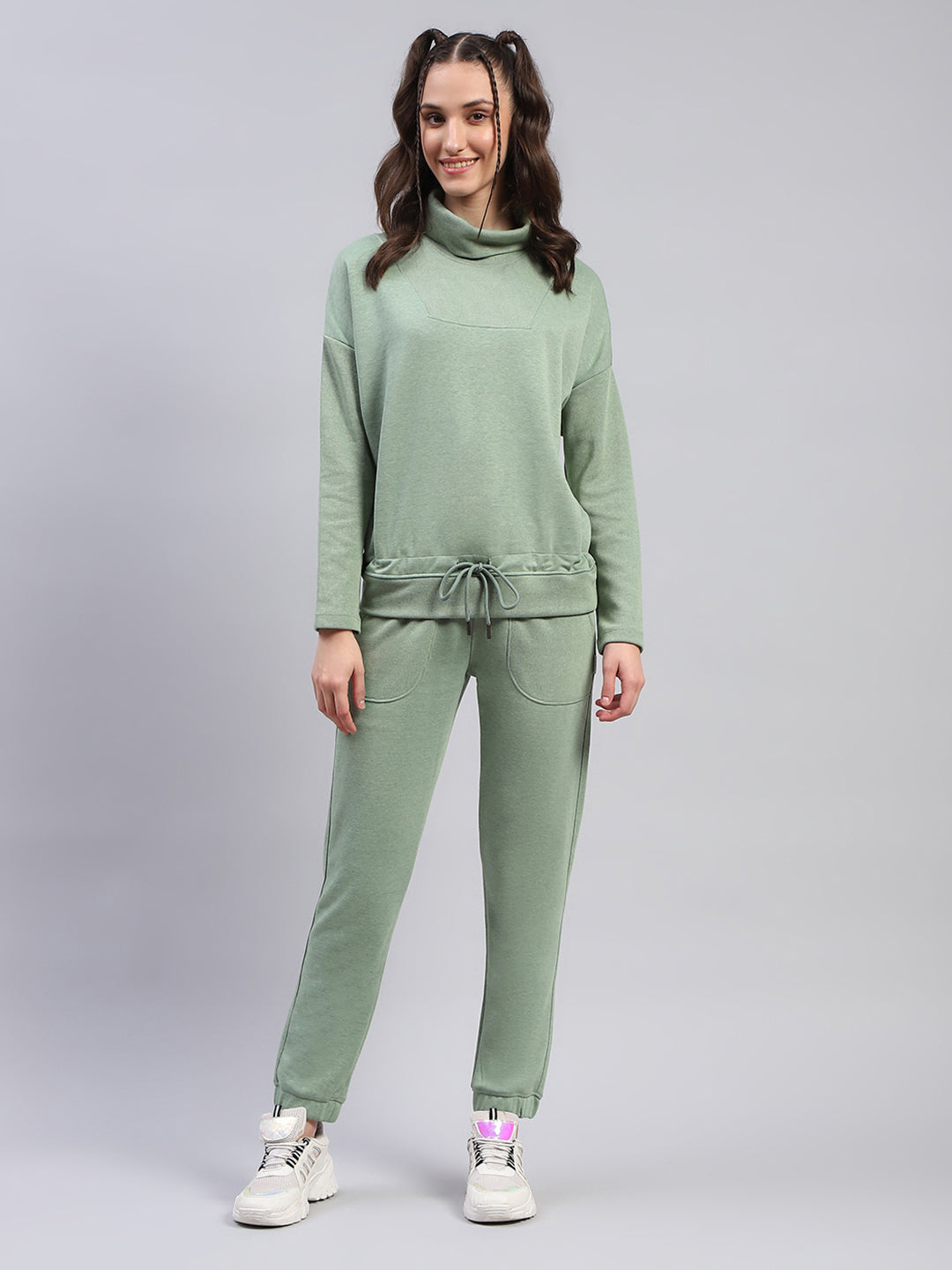 Rock.it Women Green Solid High Neck Full Sleeve Tracksuit