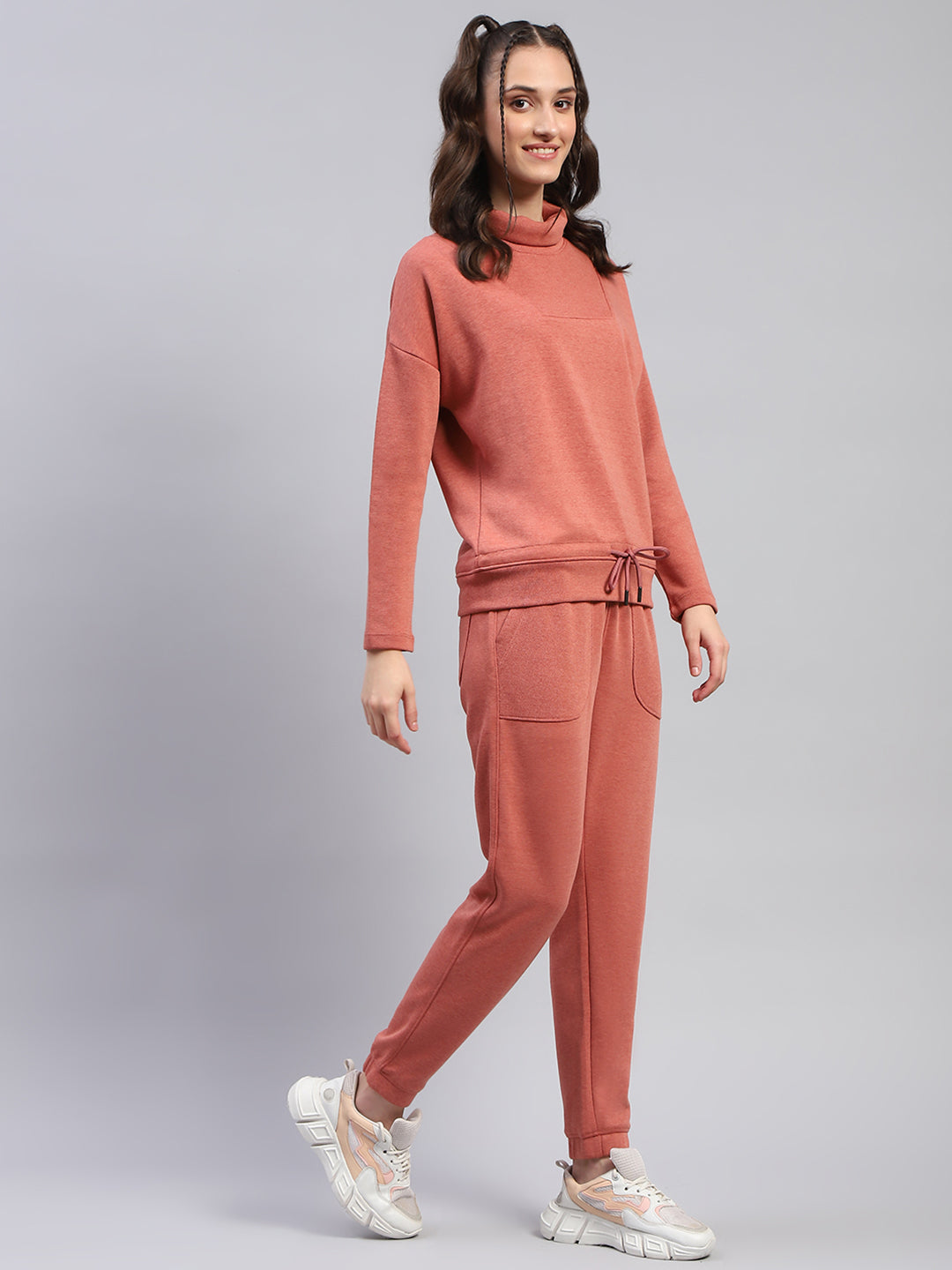 Rock.it Women Rust Solid High Neck Full Sleeve Tracksuit