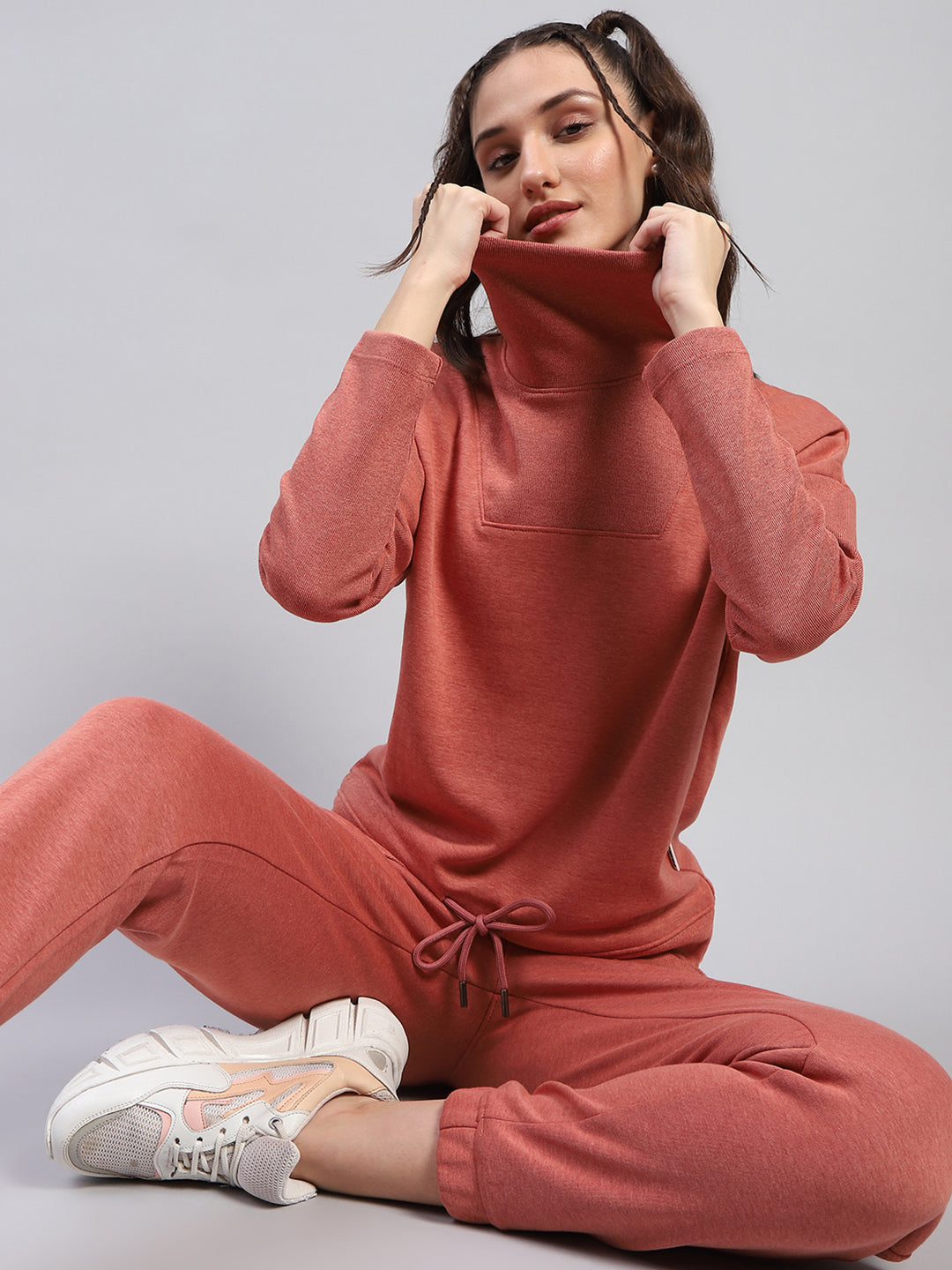 Rock.it Women Rust Solid High Neck Full Sleeve Tracksuit