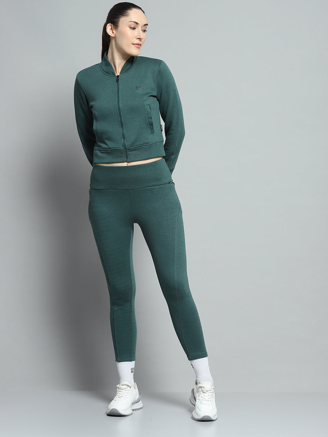 Rock.it Women Teal Blue Solid Mock Neck Full Sleeve Tracksuit