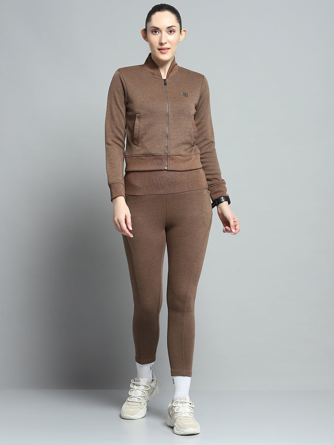Rock.it Women Brown Solid Mock Neck Full Sleeve Tracksuit