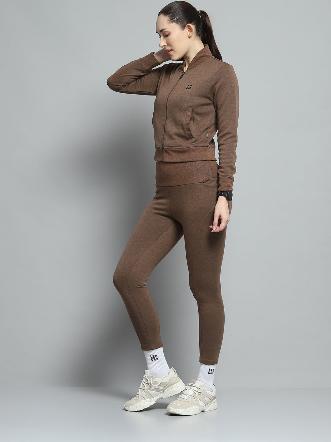 Rock.it Women Brown Solid Mock Neck Full Sleeve Tracksuit