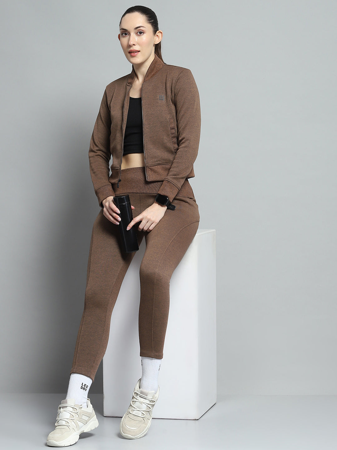 Rock.it Women Brown Solid Mock Neck Full Sleeve Tracksuit