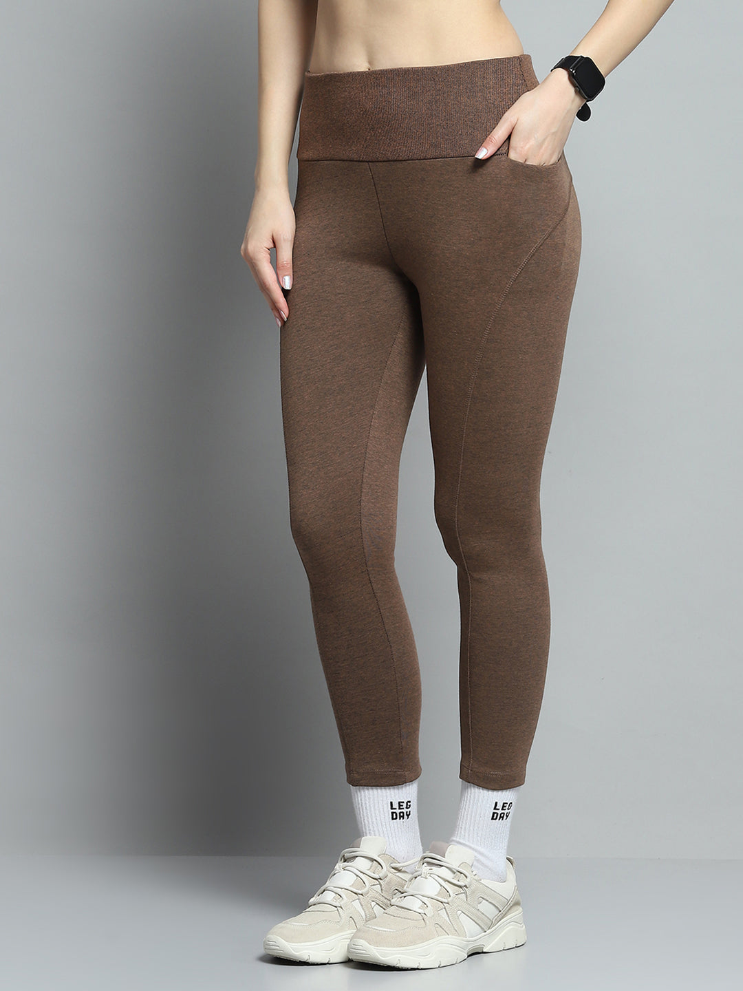 Rock.it Women Brown Solid Mock Neck Full Sleeve Tracksuit