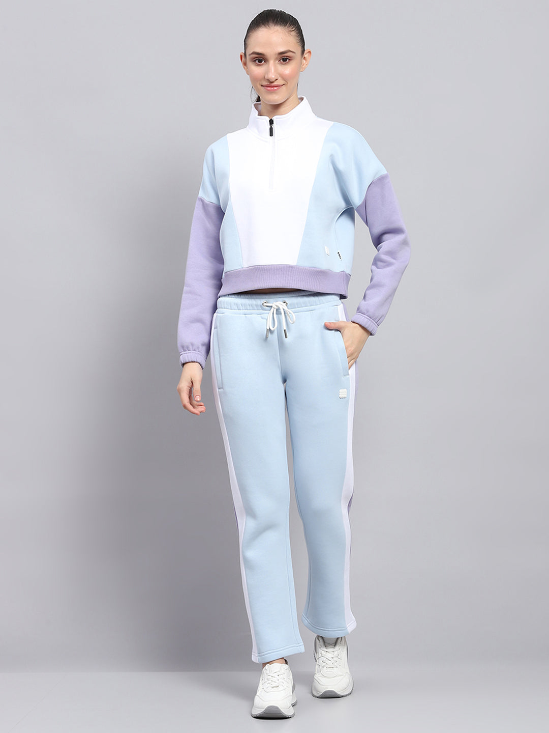 Rock.it Women Blue Solid Mock Neck Full Sleeve Tracksuit