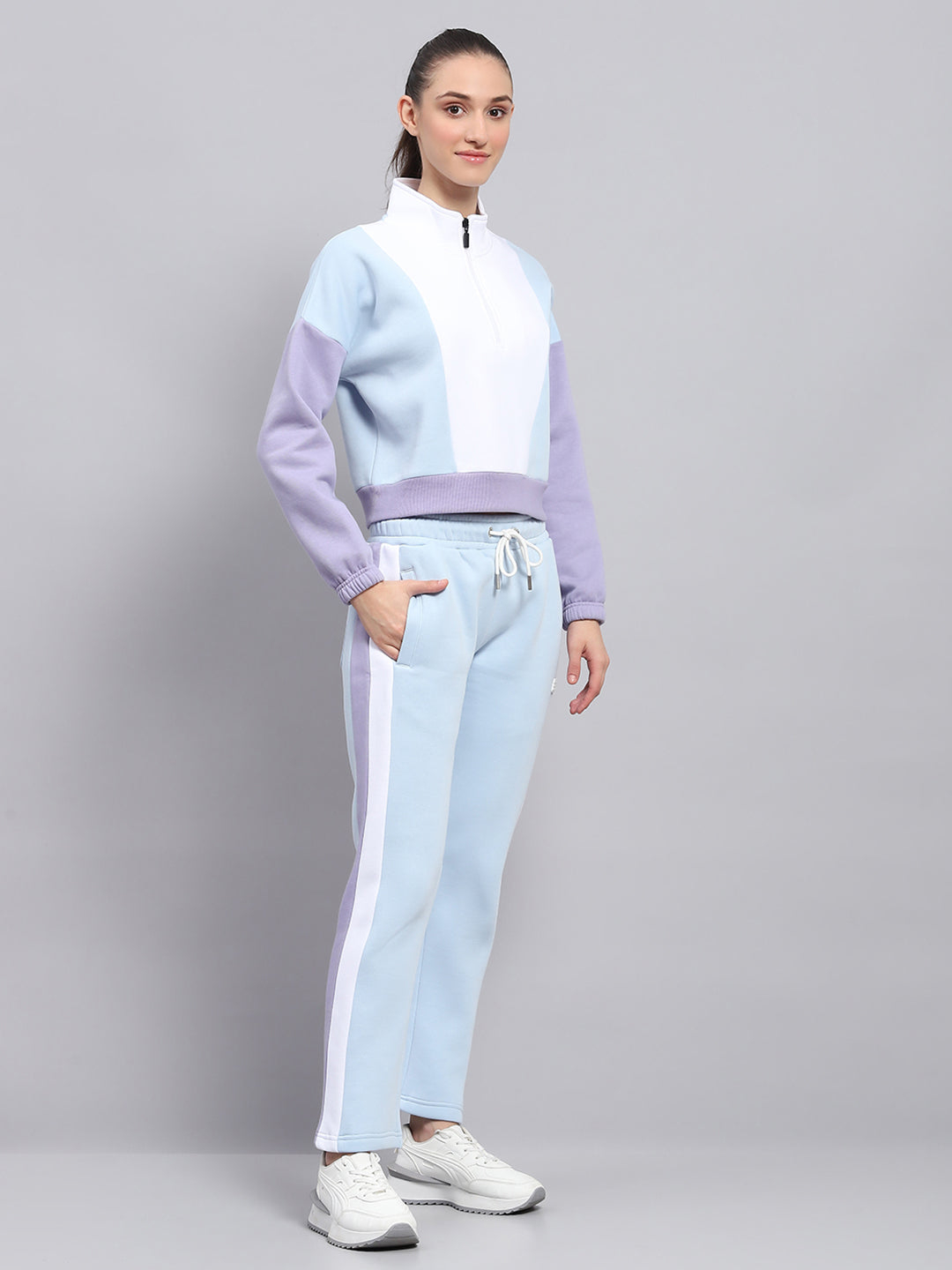 Rock.it Women Blue Solid Mock Neck Full Sleeve Tracksuit