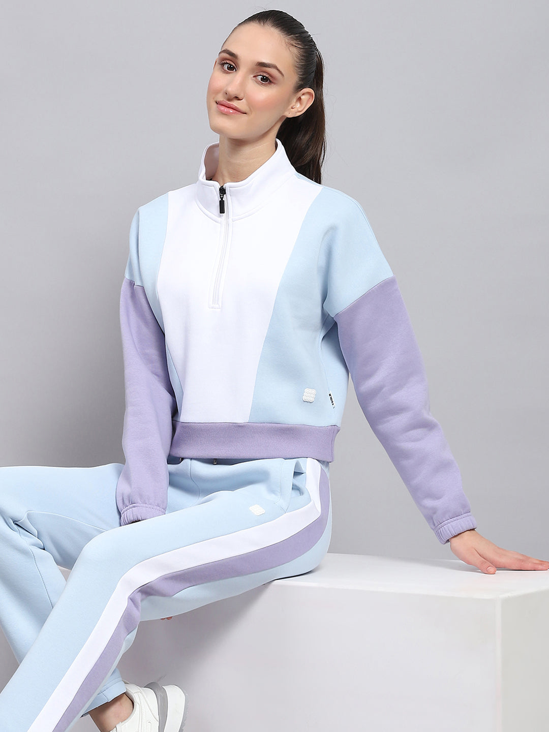 Rock.it Women Blue Solid Mock Neck Full Sleeve Tracksuit