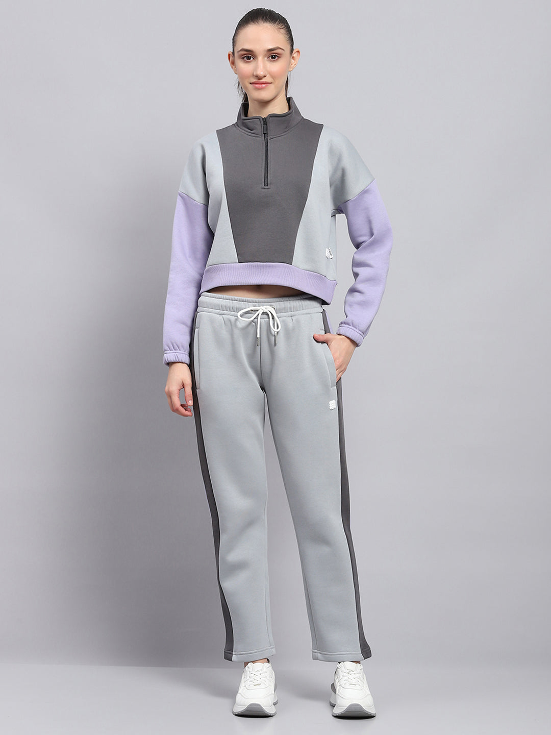 Rock.it Women Grey Solid Mock Neck Full Sleeve Tracksuit