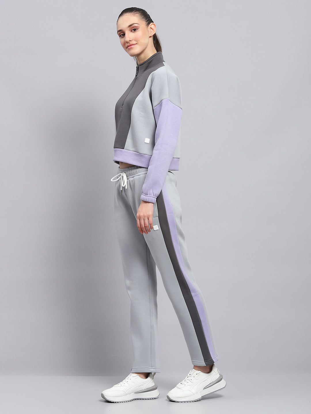 Rock.it Women Grey Solid Mock Neck Full Sleeve Tracksuit