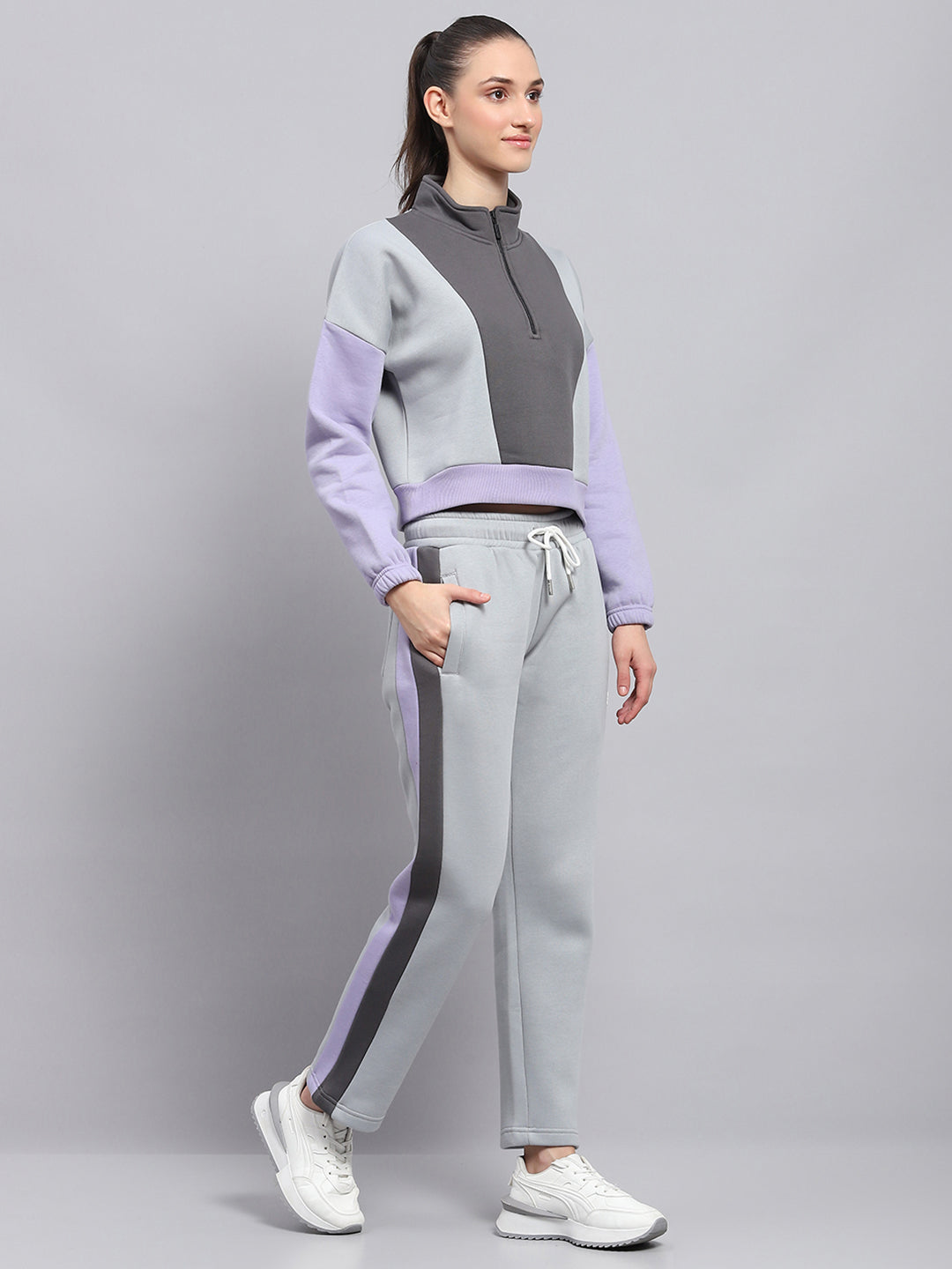 Rock.it Women Grey Solid Mock Neck Full Sleeve Tracksuit
