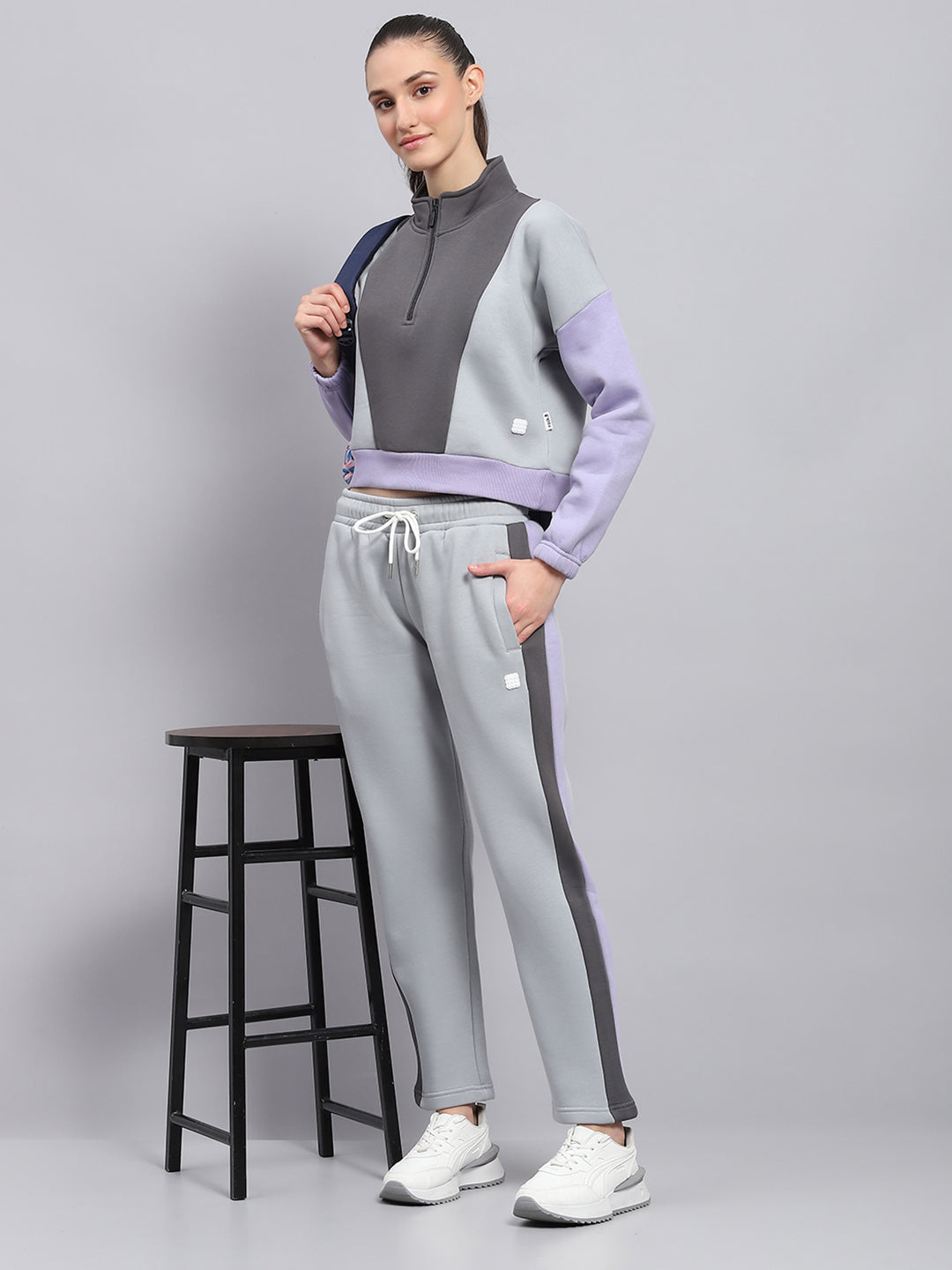 Rock.it Women Grey Solid Mock Neck Full Sleeve Tracksuit