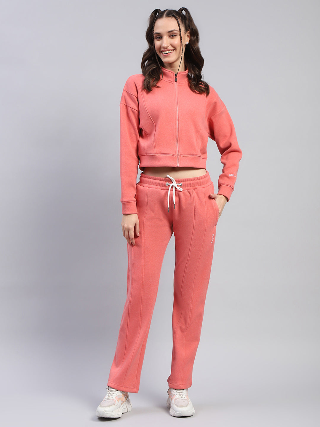 Rock.it Women Peach Solid Mock Neck Full Sleeve Cords Set