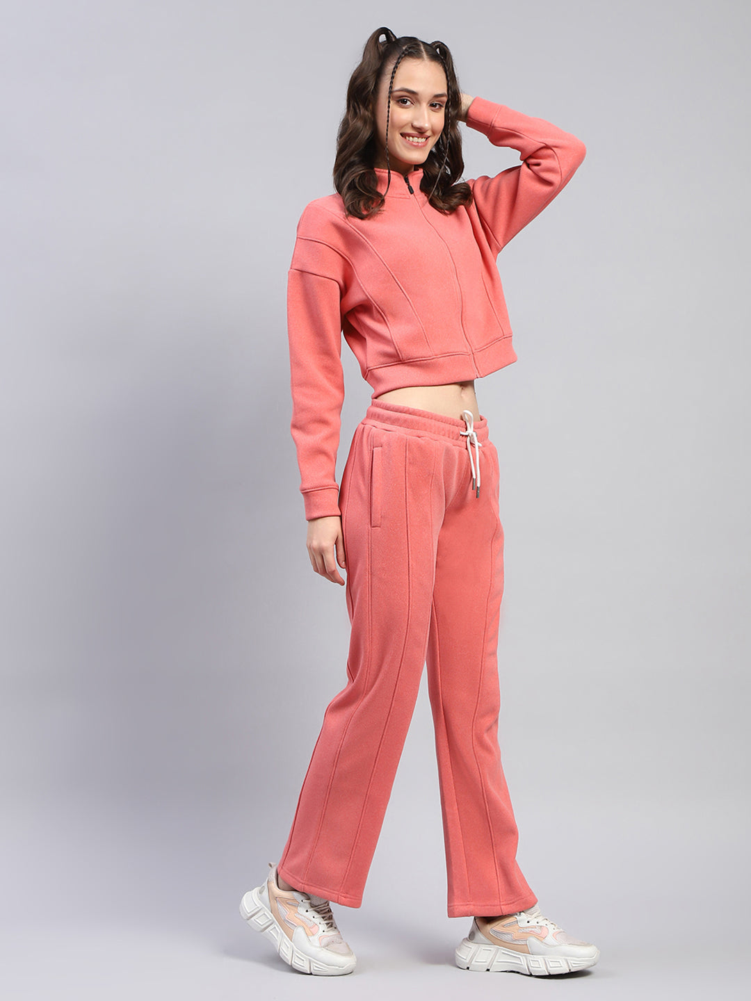 Rock.it Women Peach Solid Mock Neck Full Sleeve Cords Set