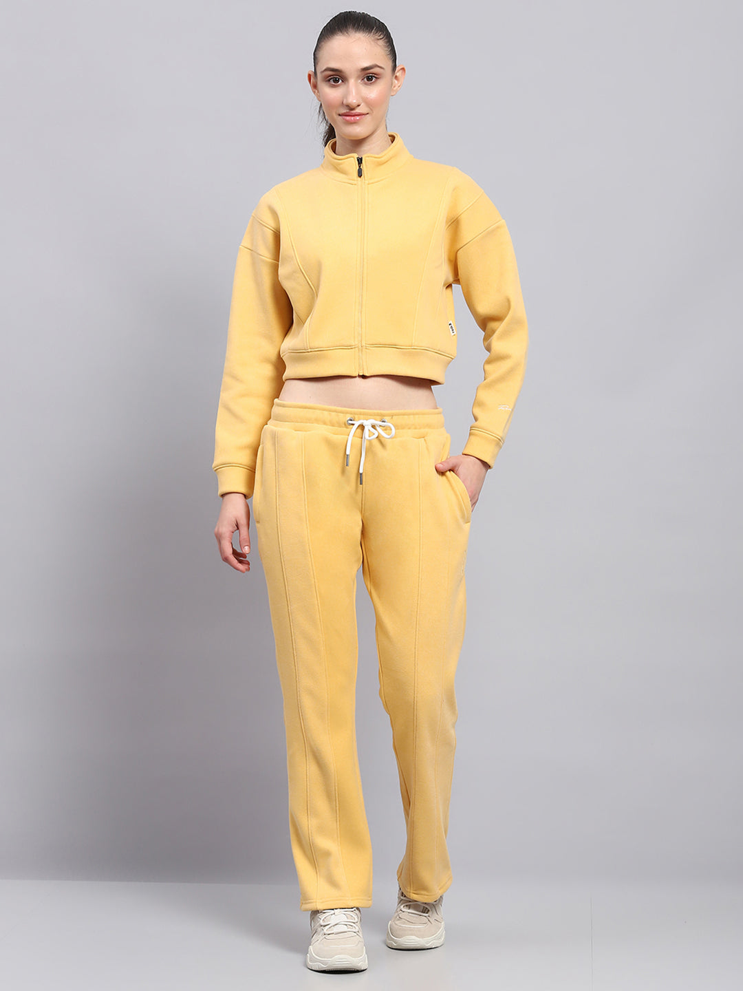 Rock.it Women Yellow Solid Mock Neck Full Sleeve Cords Set