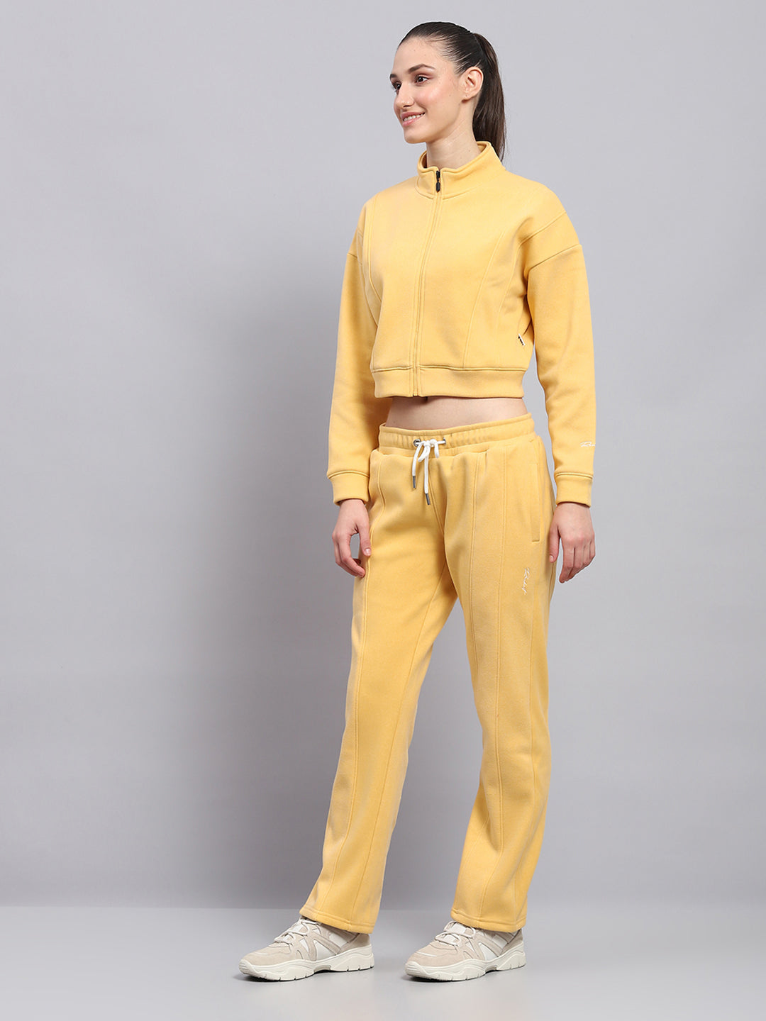 Rock.it Women Yellow Solid Mock Neck Full Sleeve Cords Set