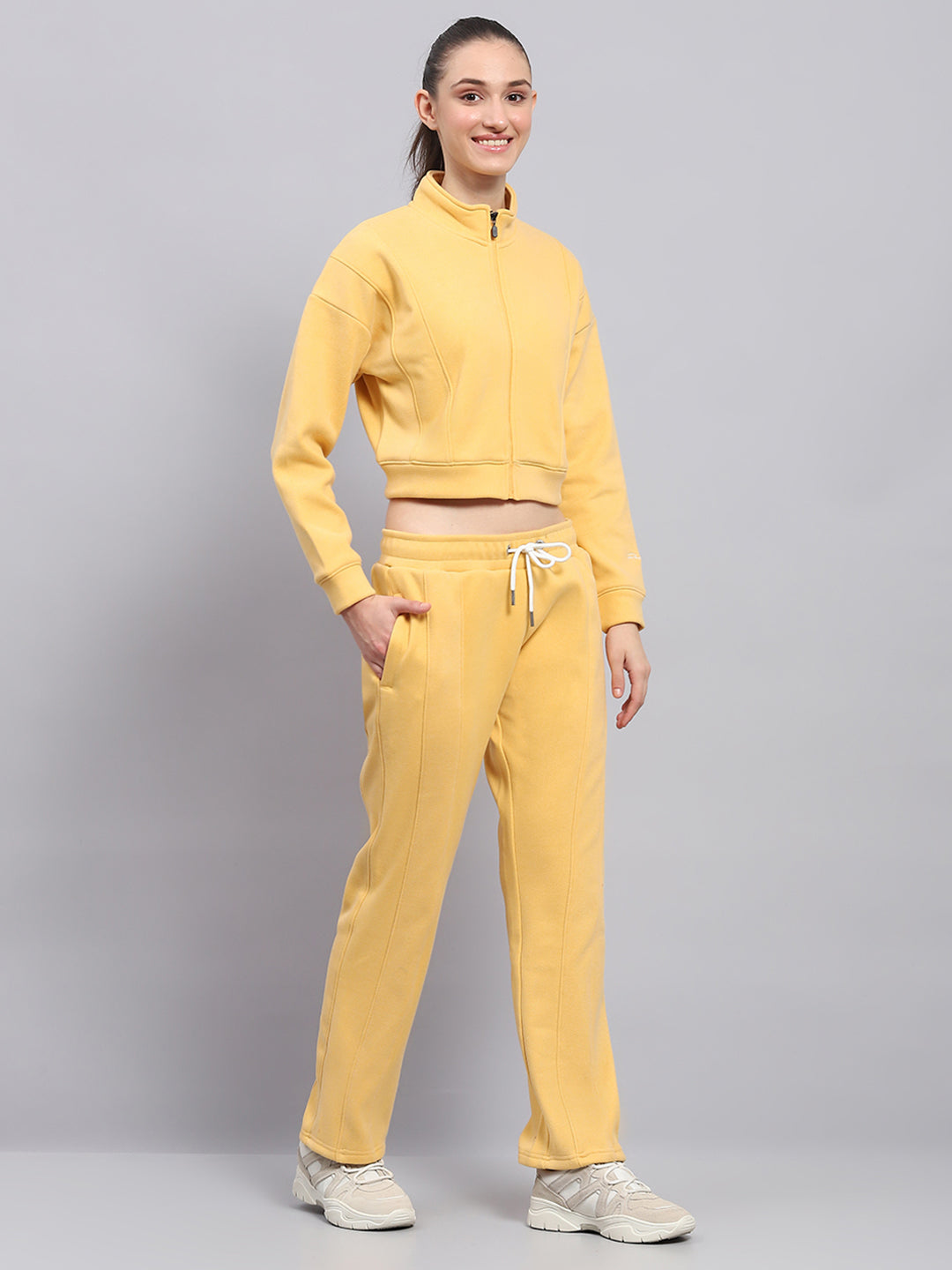 Rock.it Women Yellow Solid Mock Neck Full Sleeve Cords Set