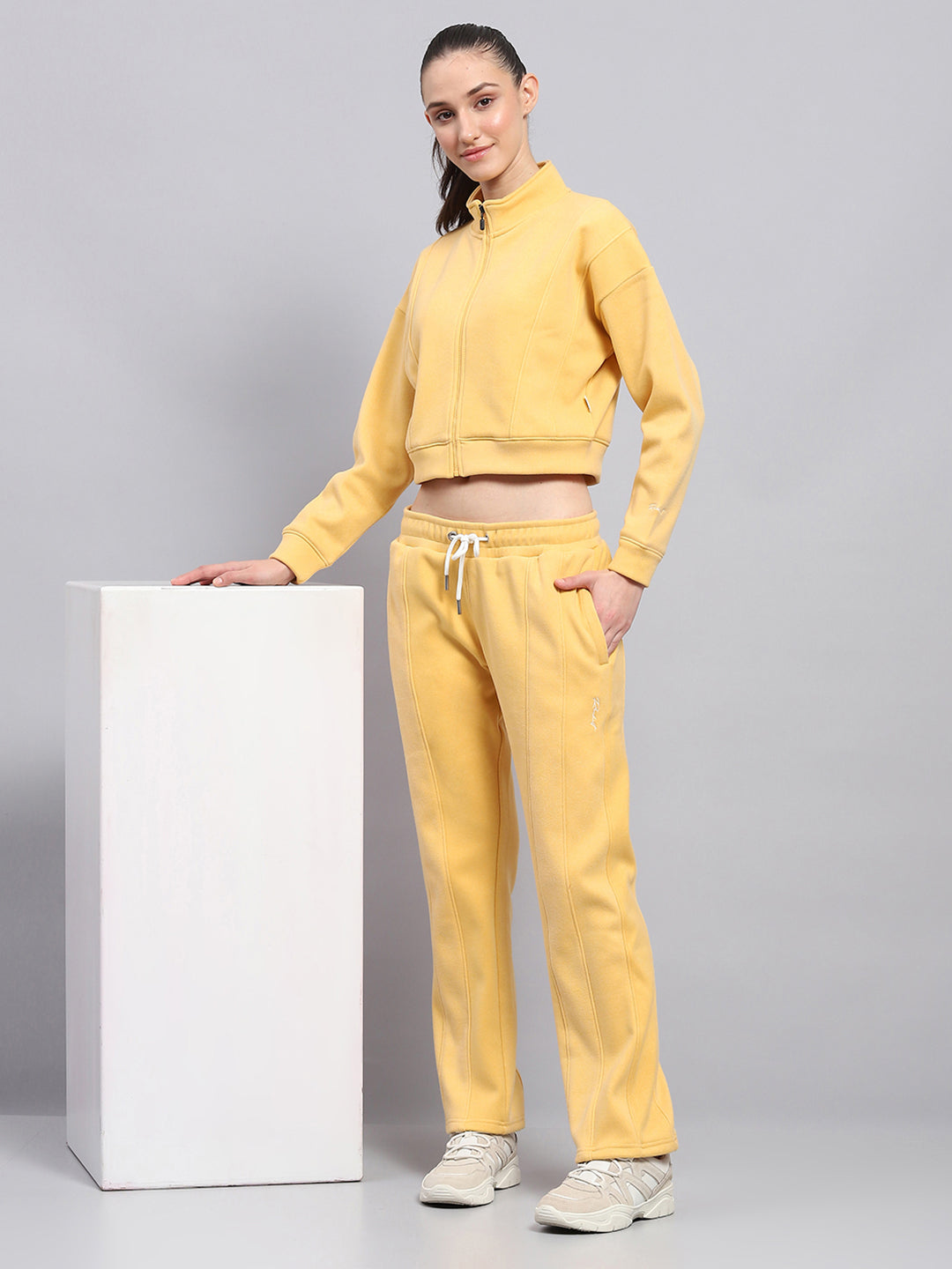 Rock.it Women Yellow Solid Mock Neck Full Sleeve Cords Set