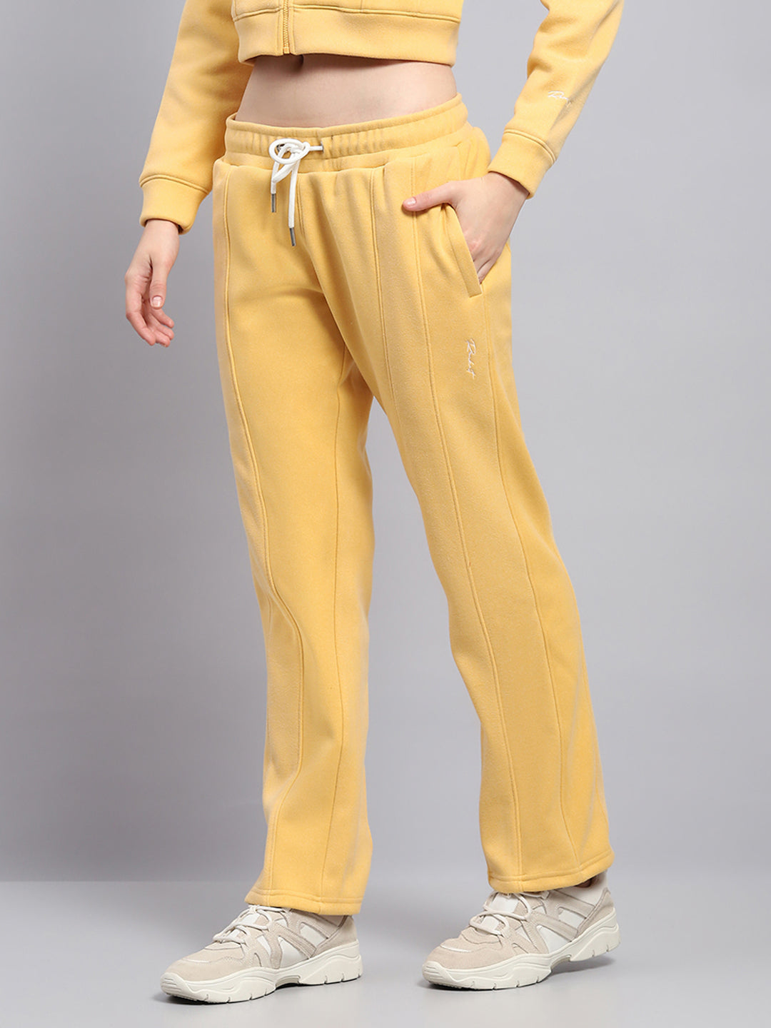 Rock.it Women Yellow Solid Mock Neck Full Sleeve Cords Set