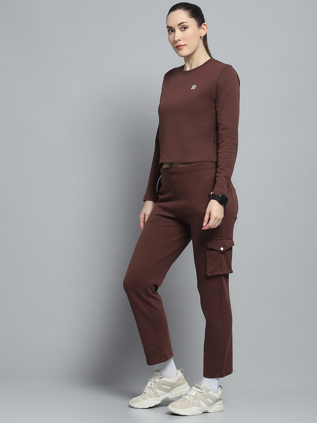 Rock.it Women Brown Solid Round Neck Full Sleeve Tracksuit