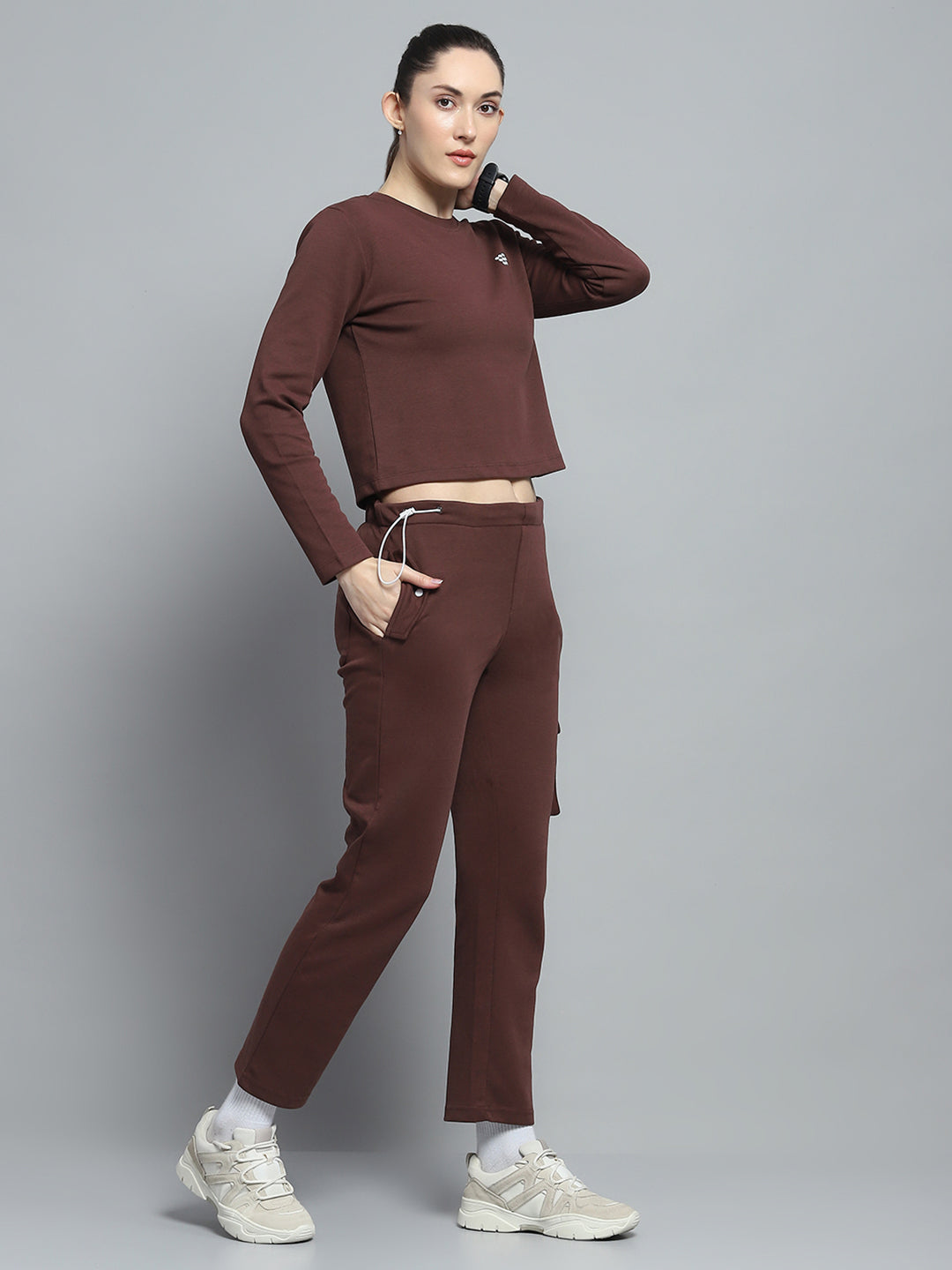 Rock.it Women Brown Solid Round Neck Full Sleeve Tracksuit