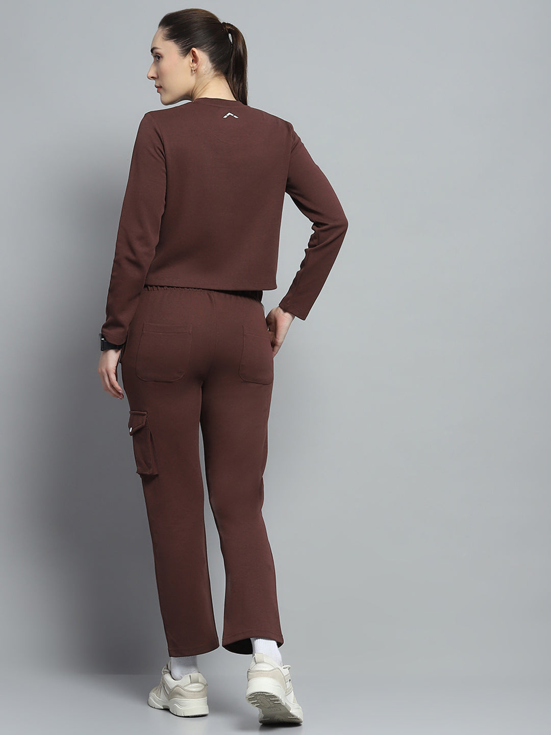 Rock.it Women Brown Solid Round Neck Full Sleeve Tracksuit