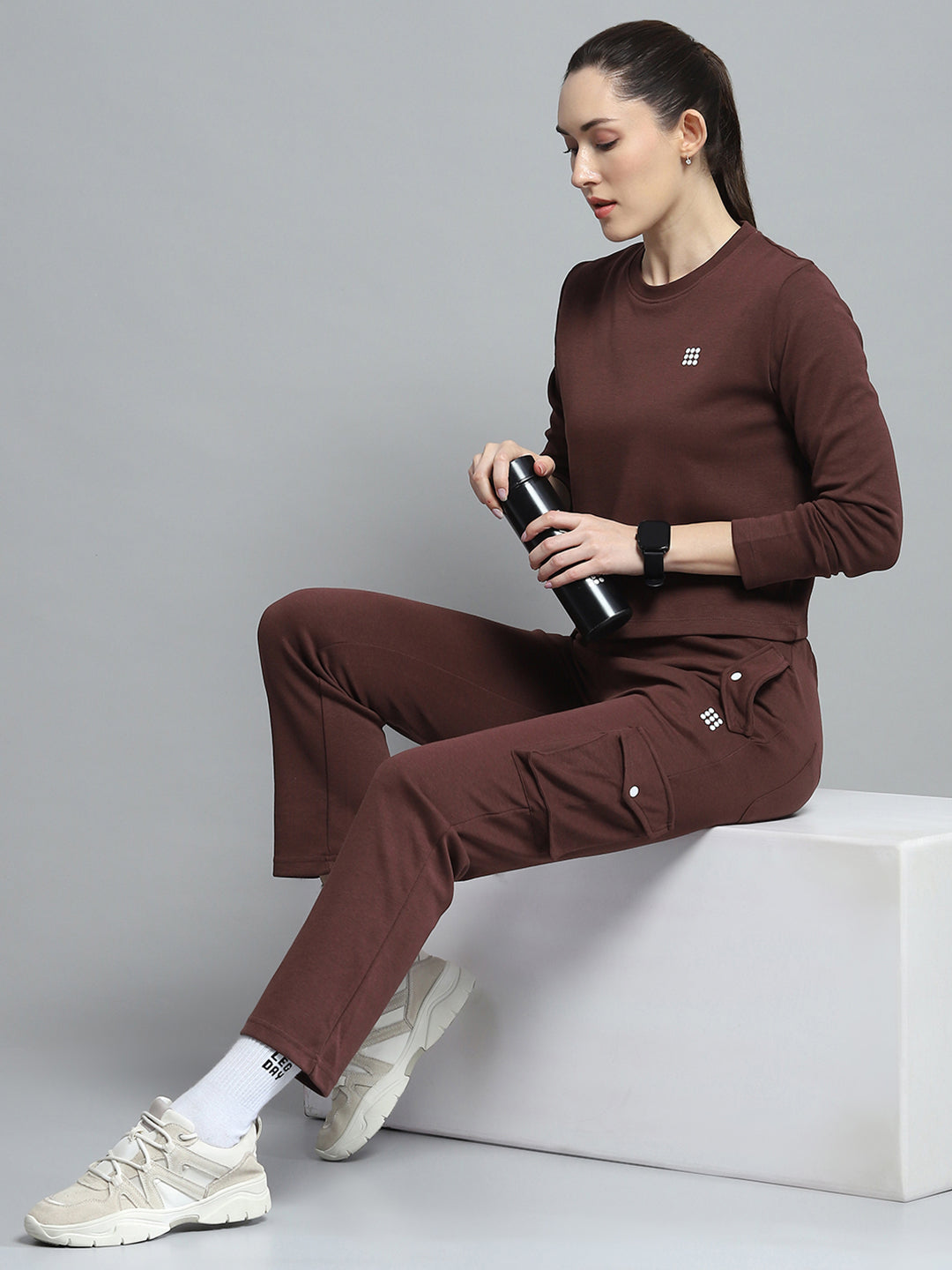 Rock.it Women Brown Solid Round Neck Full Sleeve Tracksuit
