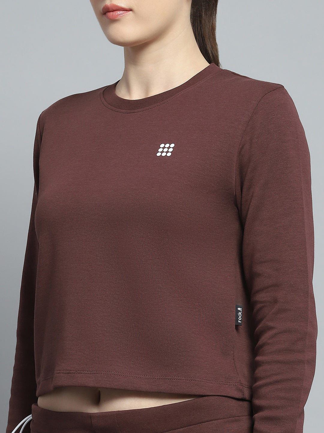 Rock.it Women Brown Solid Round Neck Full Sleeve Tracksuit