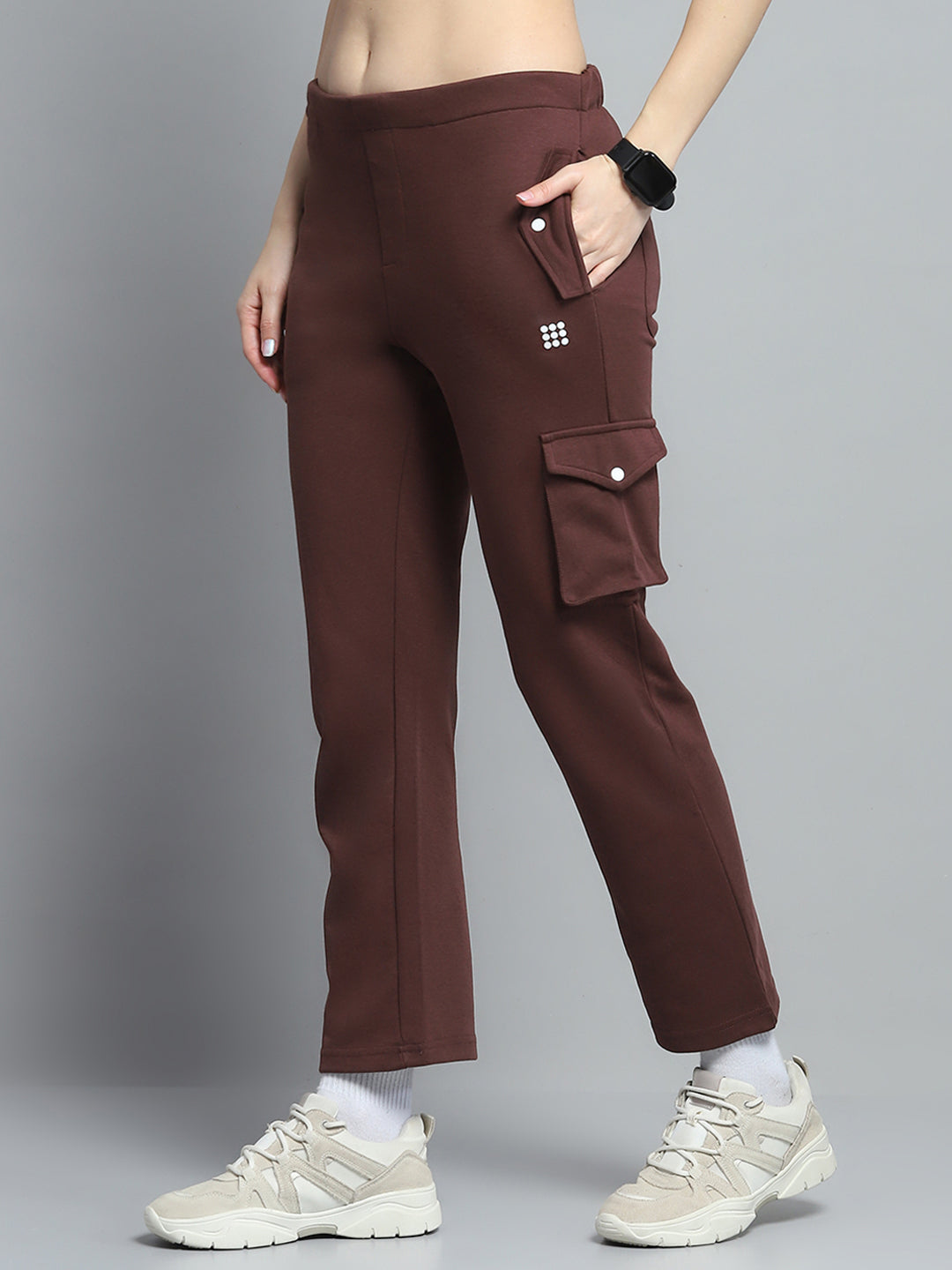 Rock.it Women Brown Solid Round Neck Full Sleeve Tracksuit