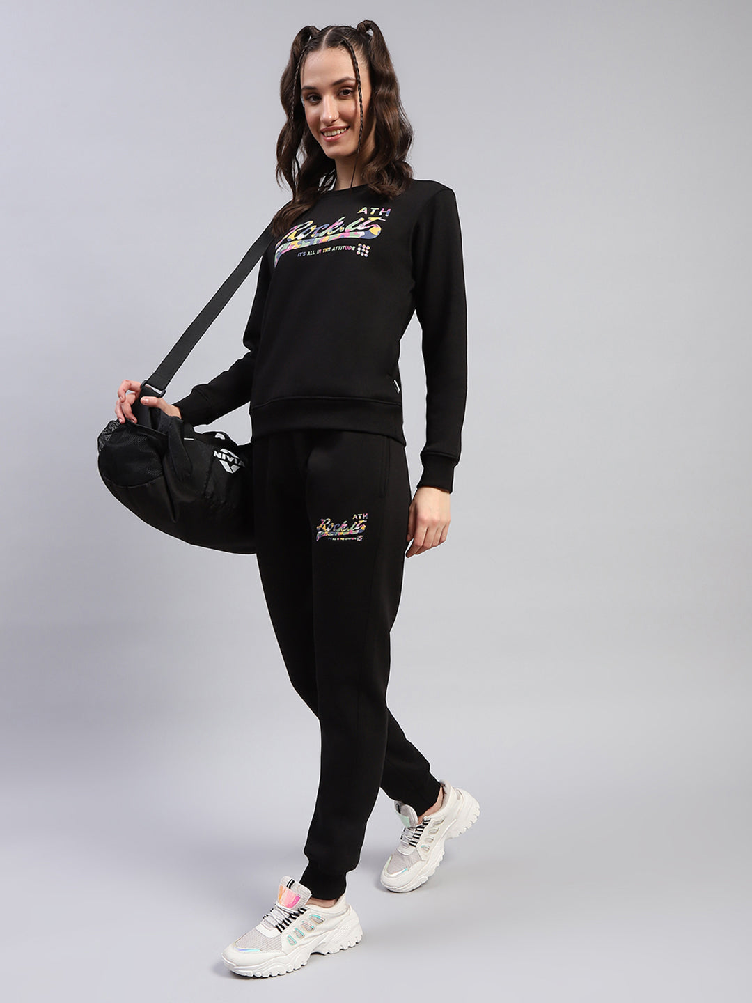 Rock.it Women Black Printed Round Neck Full Sleeve Cords Set