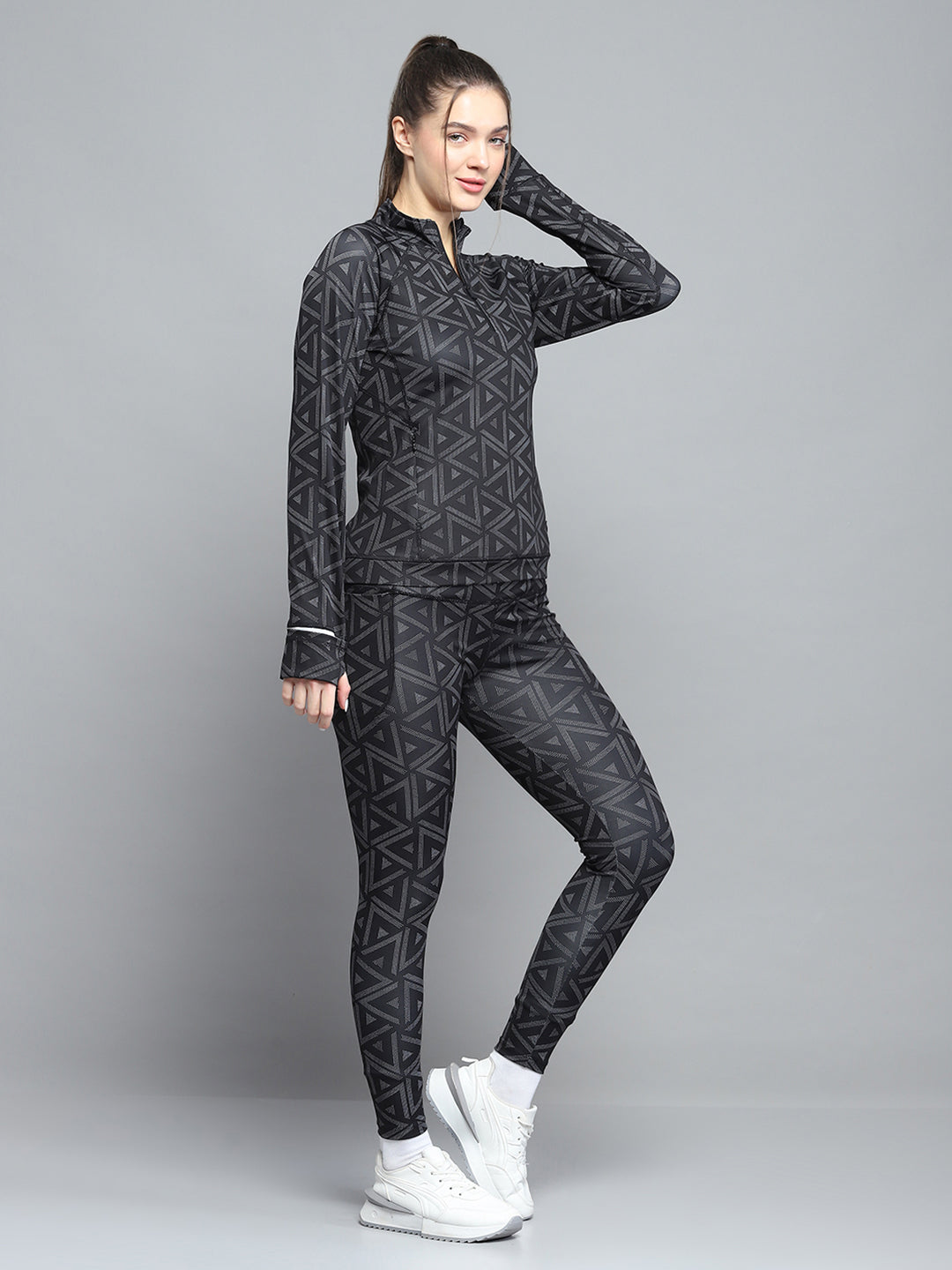 Rock.it Women Black Printed Mock Neck Full Sleeve Tracksuit