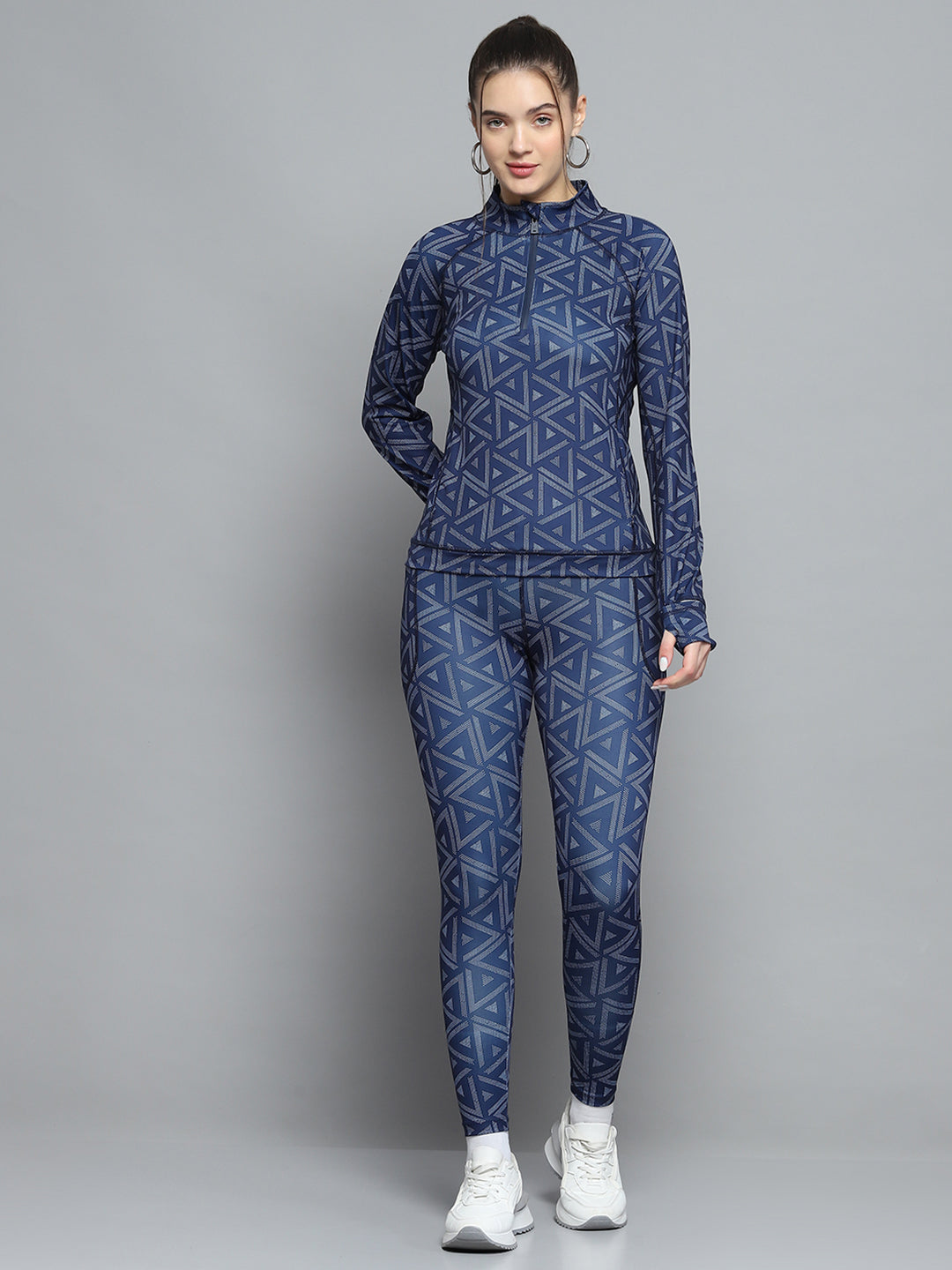 Rock.it Women Navy Blue Printed Mock Neck Full Sleeve Tracksuit