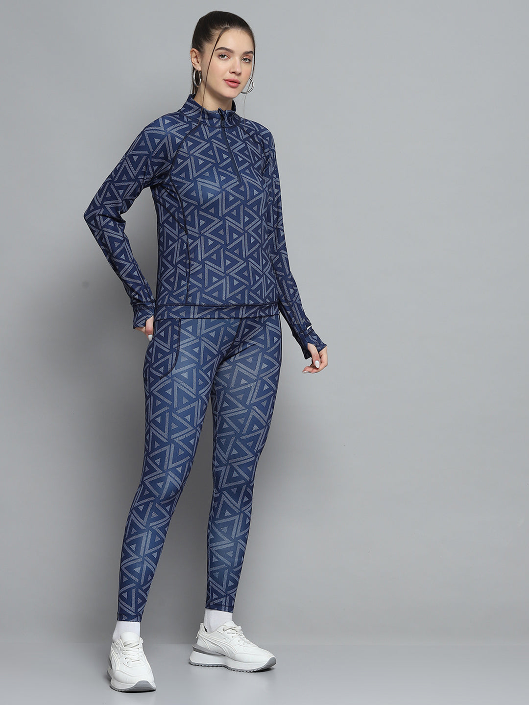 Rock.it Women Navy Blue Printed Mock Neck Full Sleeve Tracksuit