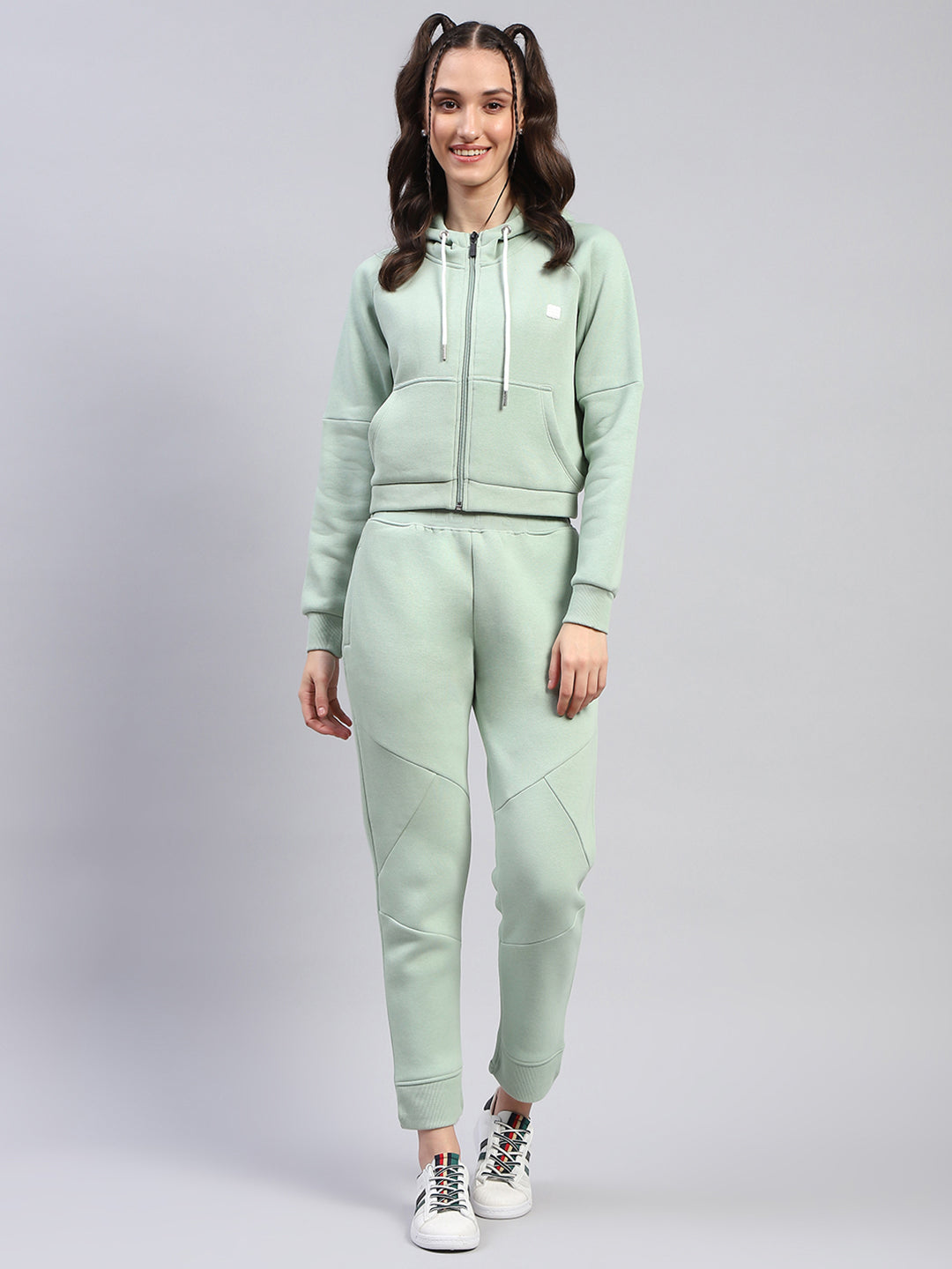 Hoodie Track Suit For Woman Women Green Solid Hooded Full Sleeve