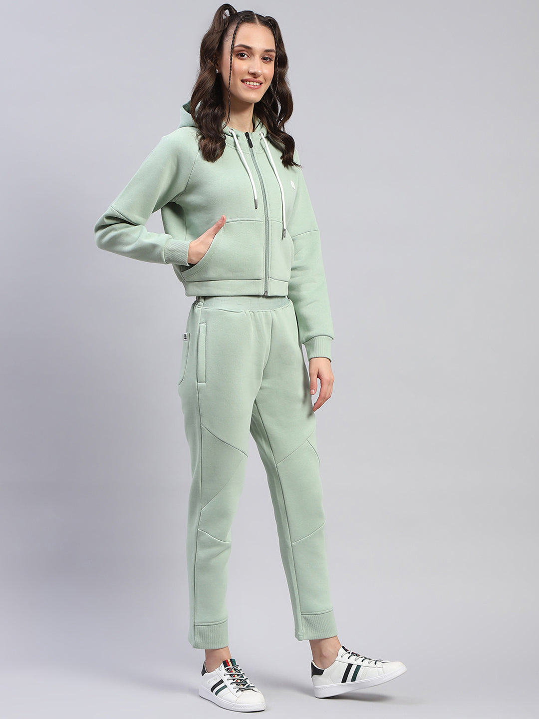 Rock.it Women Green Solid Hooded Full Sleeve Tracksuit