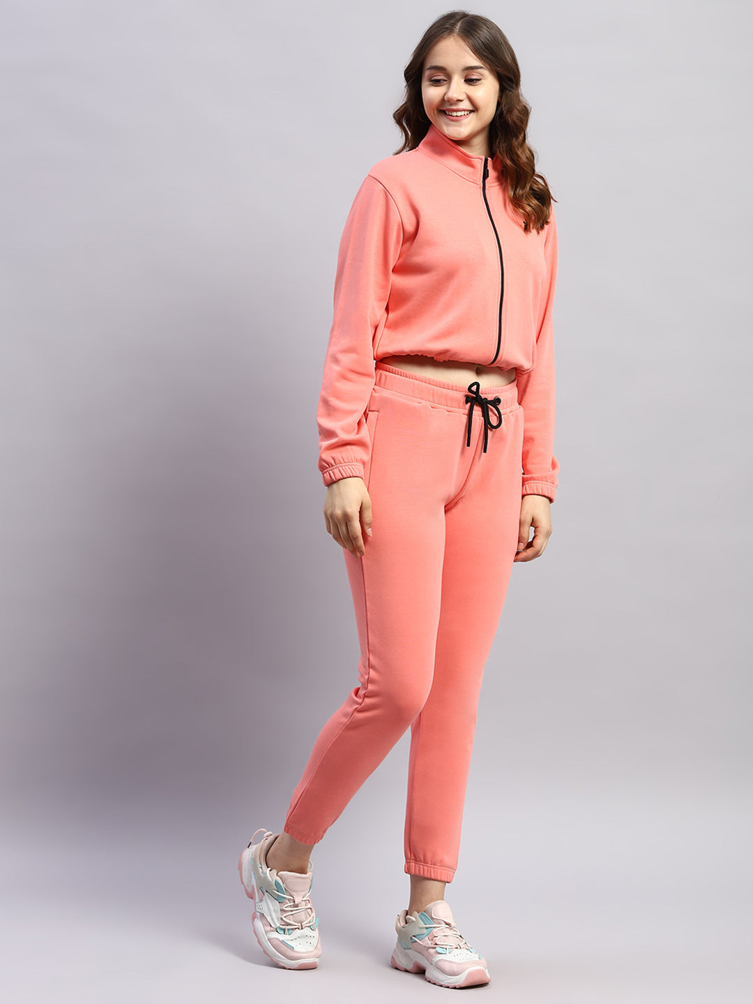 Rock.it Women Pink Solid Mock Neck Full Sleeve Tracksuit