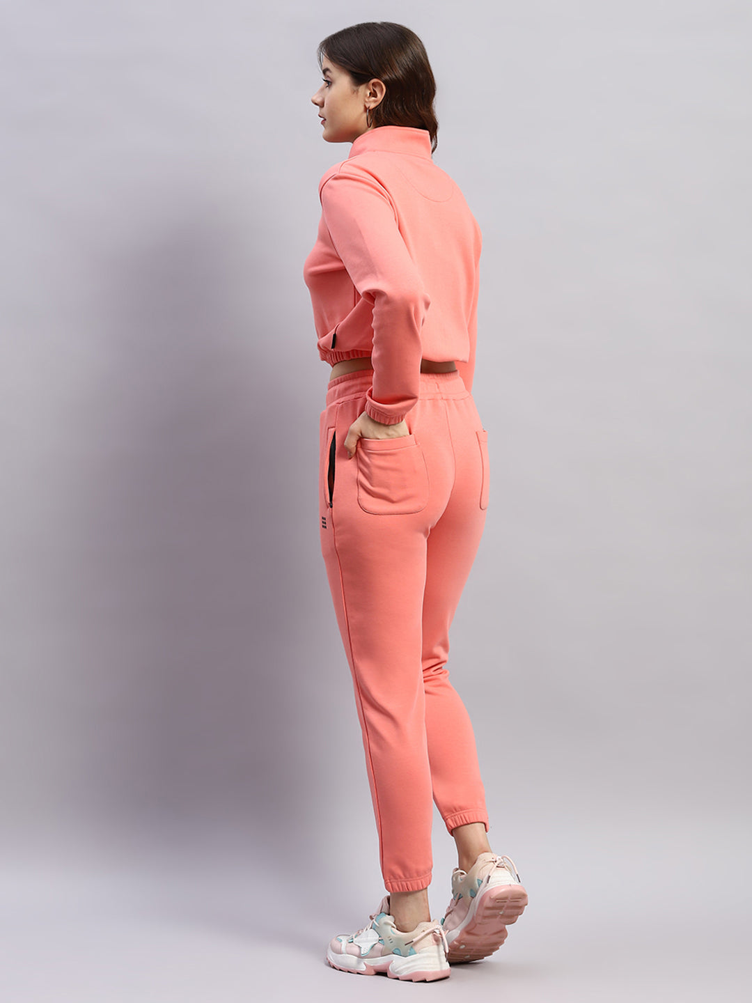 Rock.it Women Pink Solid Mock Neck Full Sleeve Tracksuit