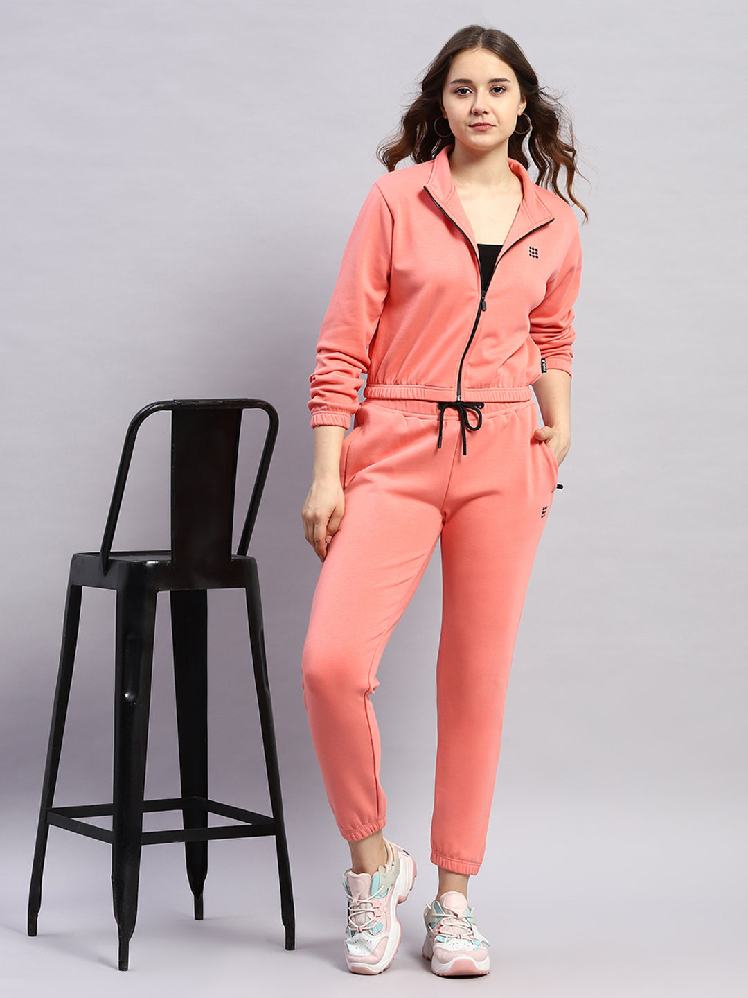 Rock.it Women Pink Solid Mock Neck Full Sleeve Tracksuit