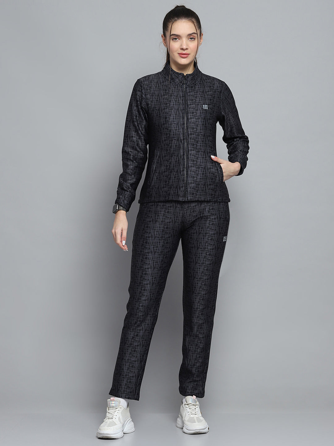 Rock.it Women Black Printed Mock Neck Full Sleeve Tracksuit
