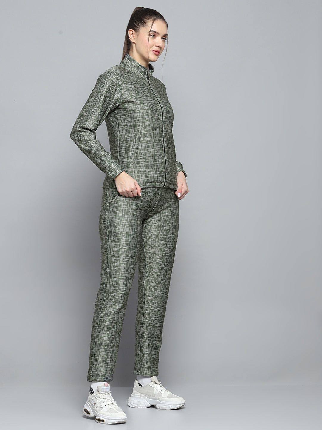 Rock.it Women Olive Printed Mock Neck Full Sleeve Tracksuit