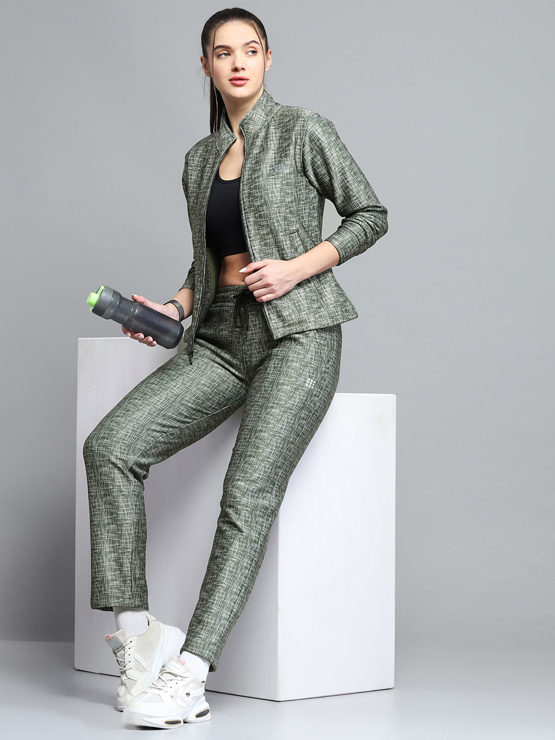 Rock.it Women Olive Printed Mock Neck Full Sleeve Tracksuit