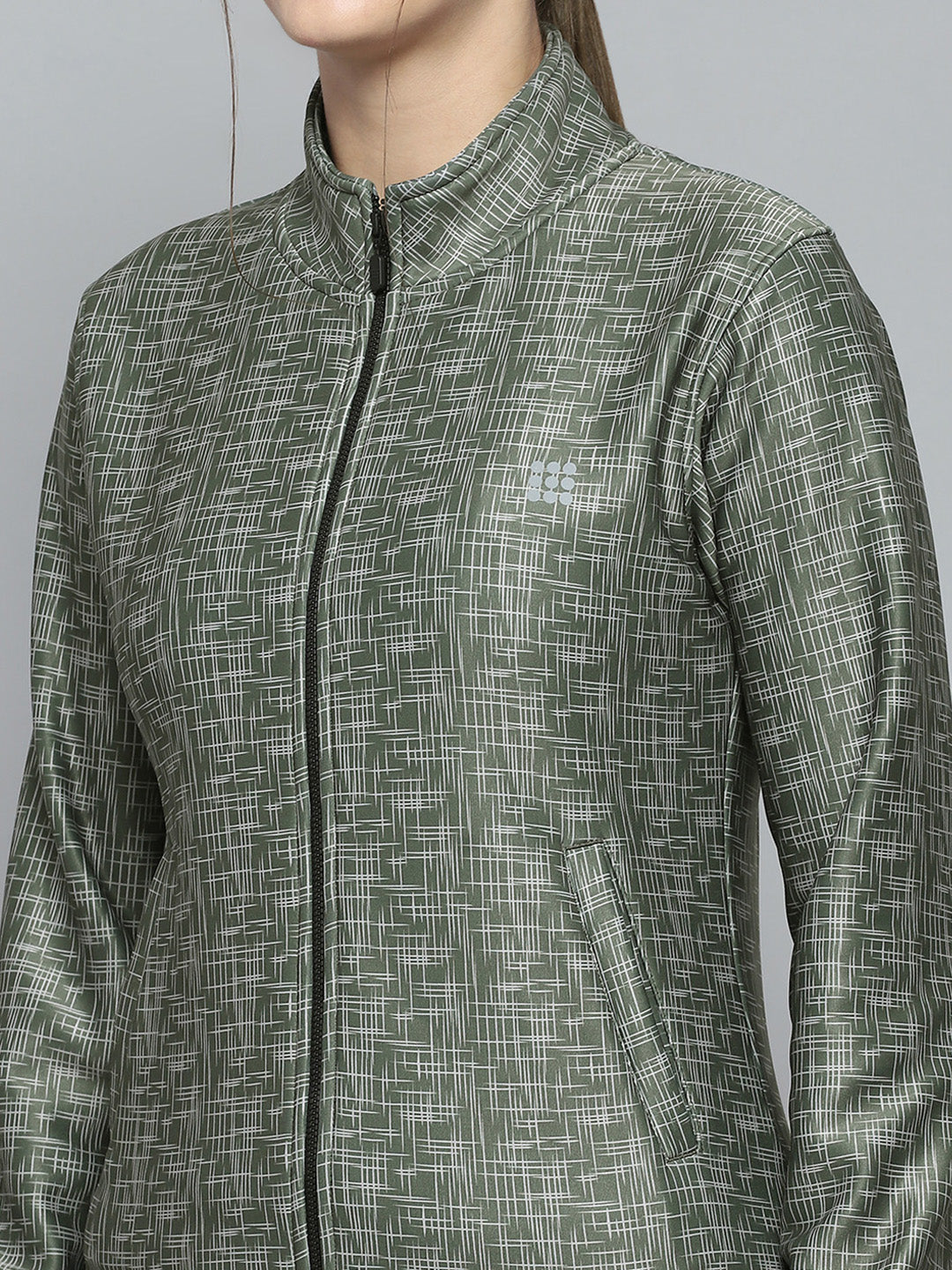 Rock.it Women Olive Printed Mock Neck Full Sleeve Tracksuit