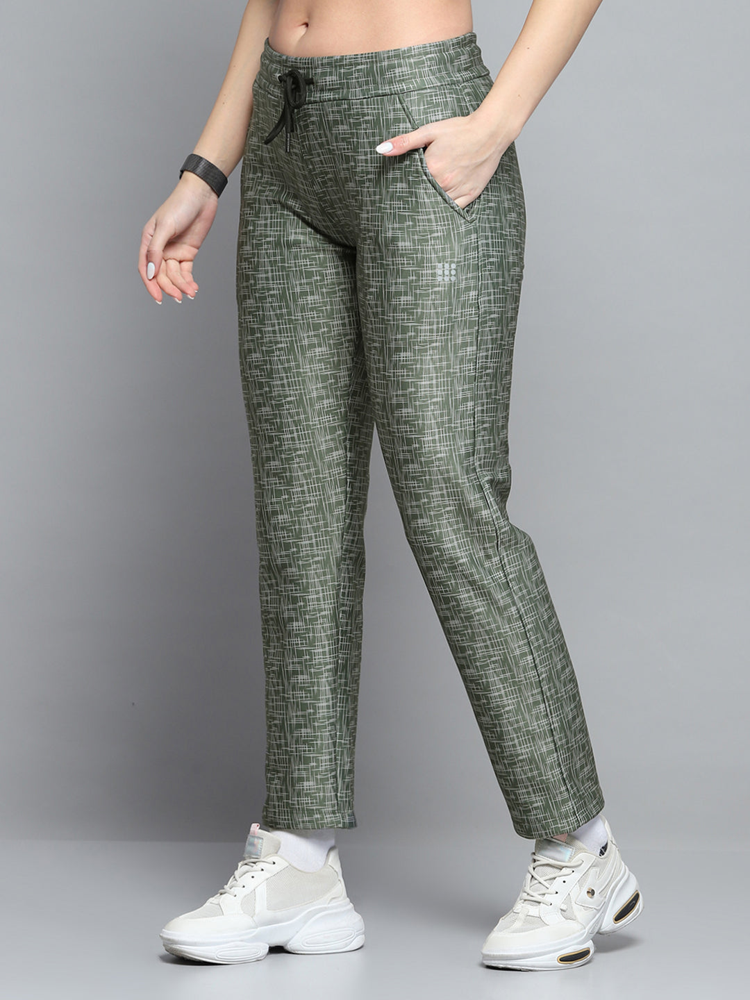 Rock.it Women Olive Printed Mock Neck Full Sleeve Tracksuit