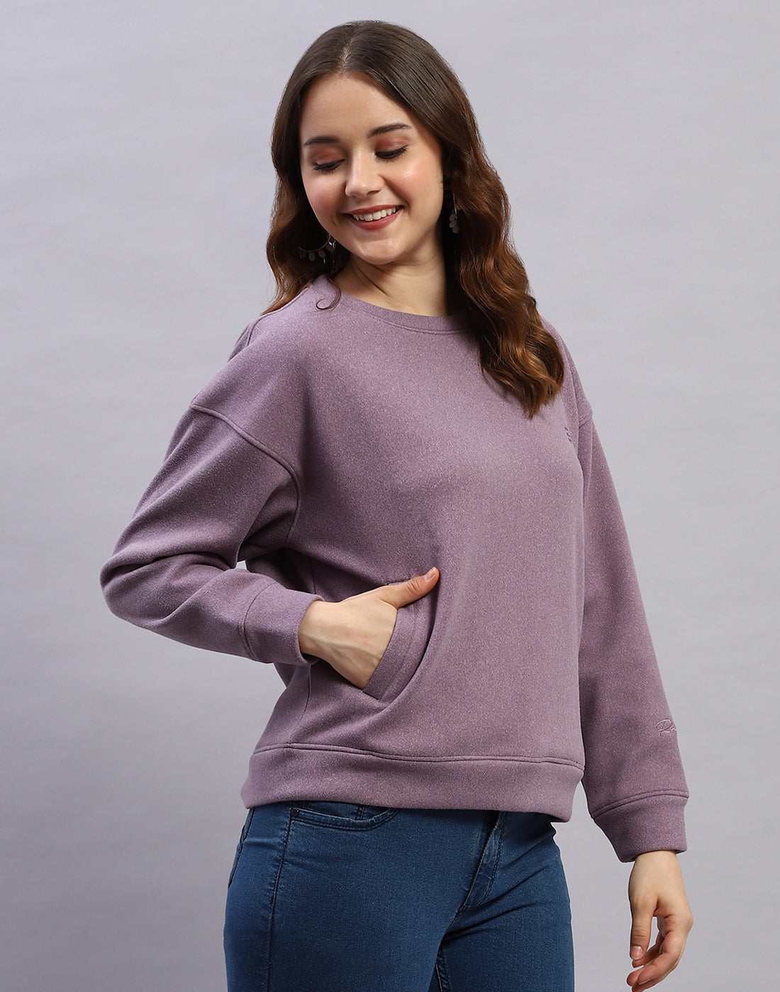 Rock.it Women Purple Solid Round Neck Full Sleeve Sweatshirt