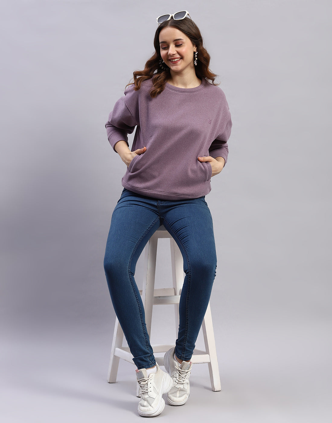 Rock.it Women Purple Solid Round Neck Full Sleeve Sweatshirt