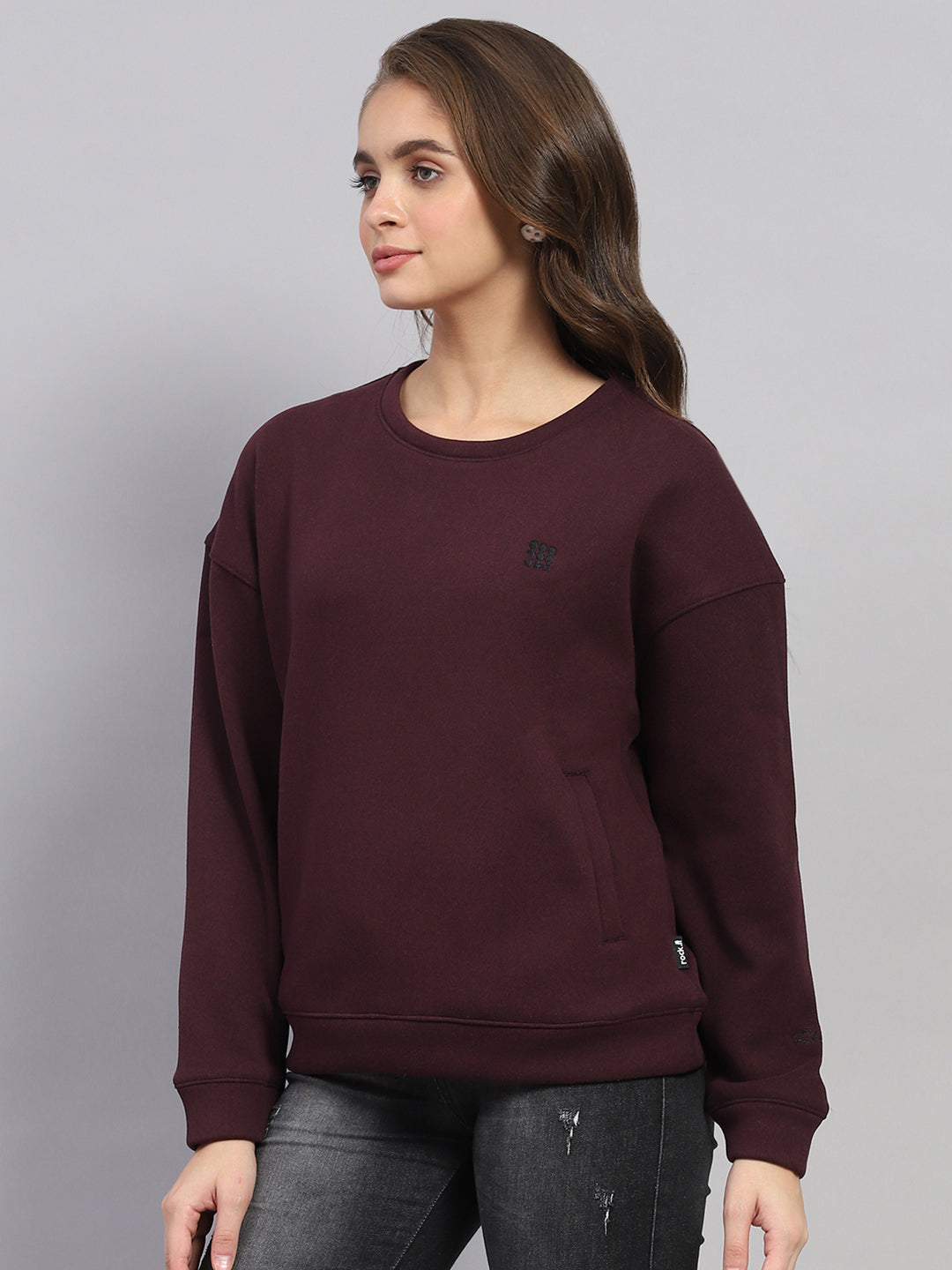 Rock.it Women Maroon Solid Round Neck Full Sleeve Sweatshirt