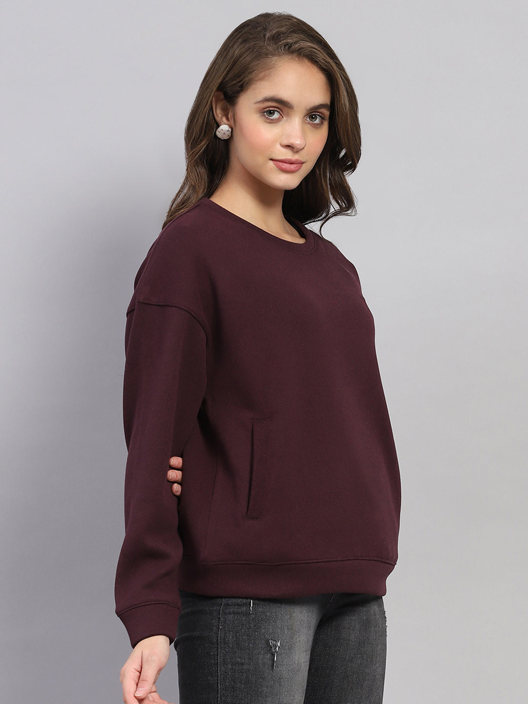 Rock.it Women Maroon Solid Round Neck Full Sleeve Sweatshirt