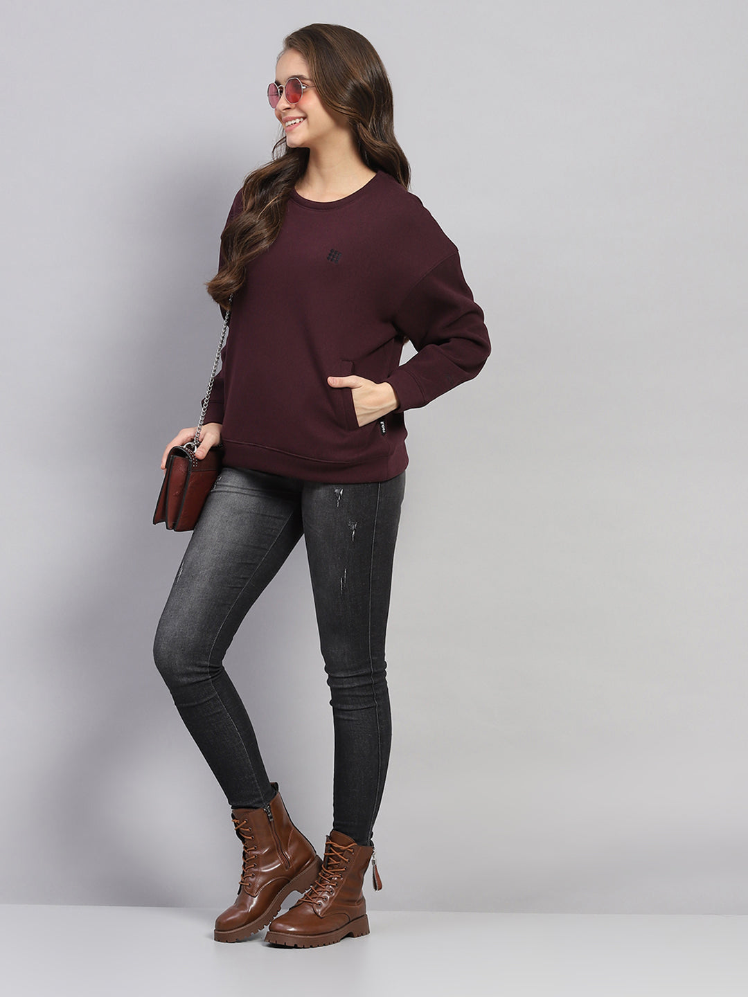 Rock.it Women Maroon Solid Round Neck Full Sleeve Sweatshirt