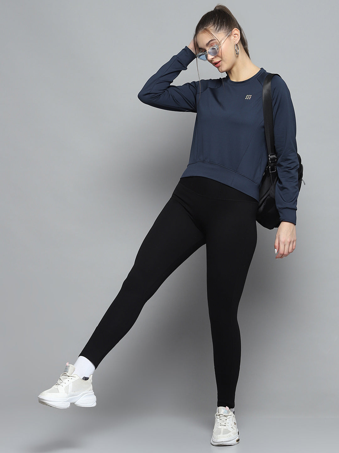 Rock.it Women Navy Blue Solid Round Neck Full Sleeve Sweatshirt