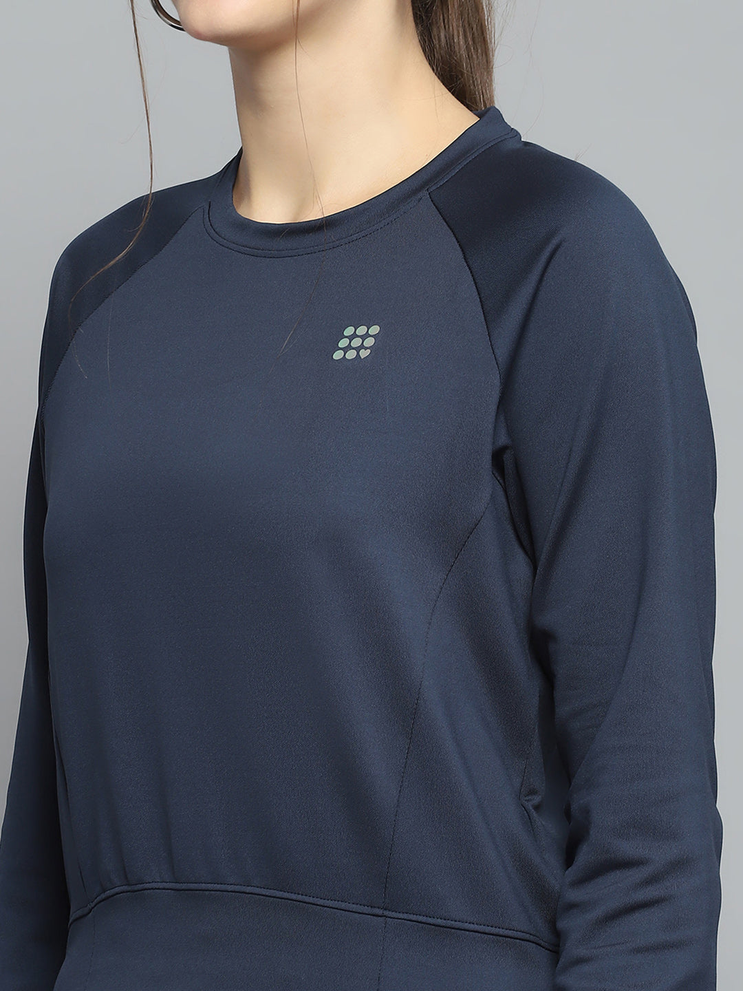 Rock.it Women Navy Blue Solid Round Neck Full Sleeve Sweatshirt