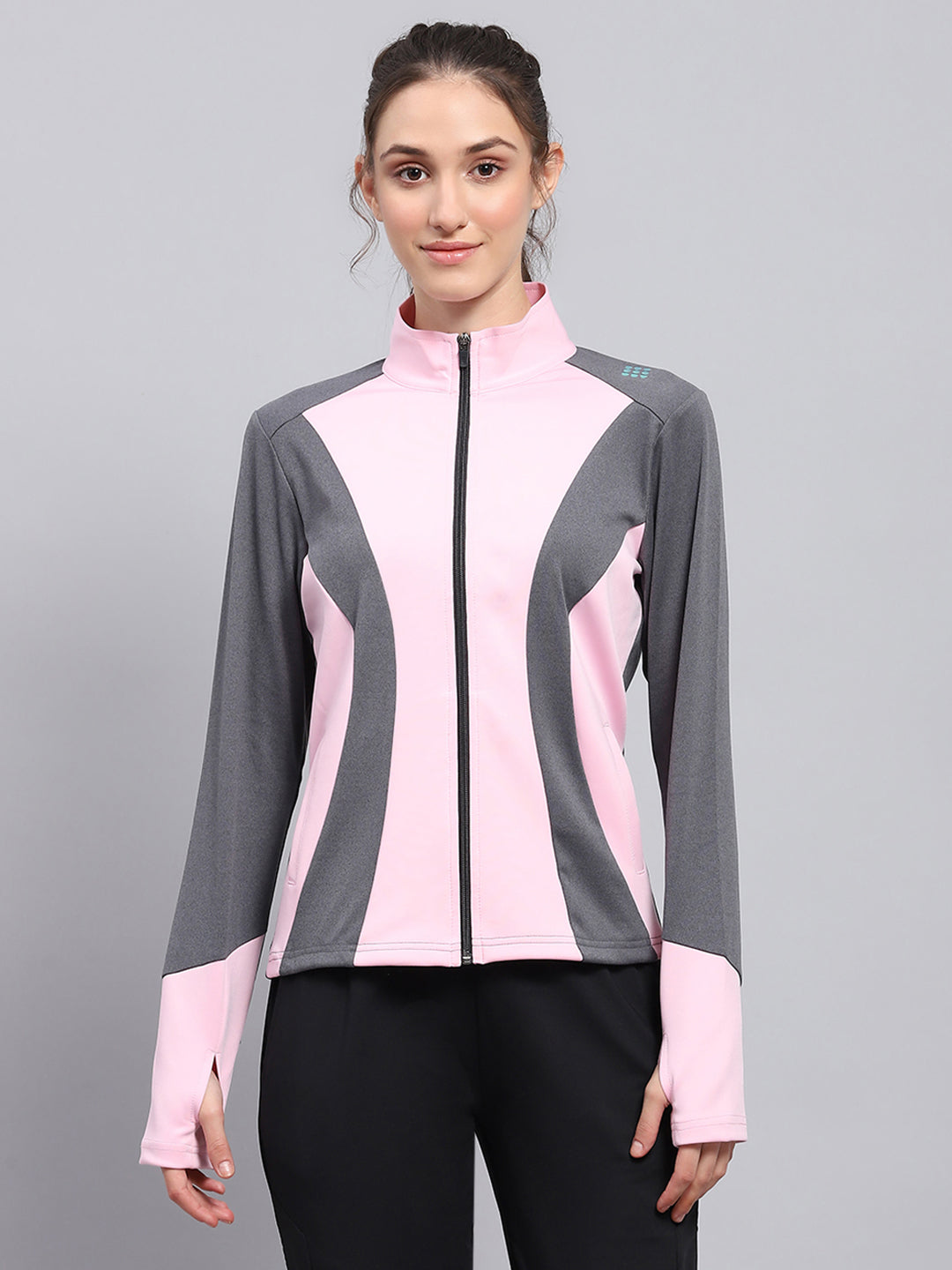Rock.it Women Pink & Grey Solid Mock Neck Full Sleeve Sweatshirt